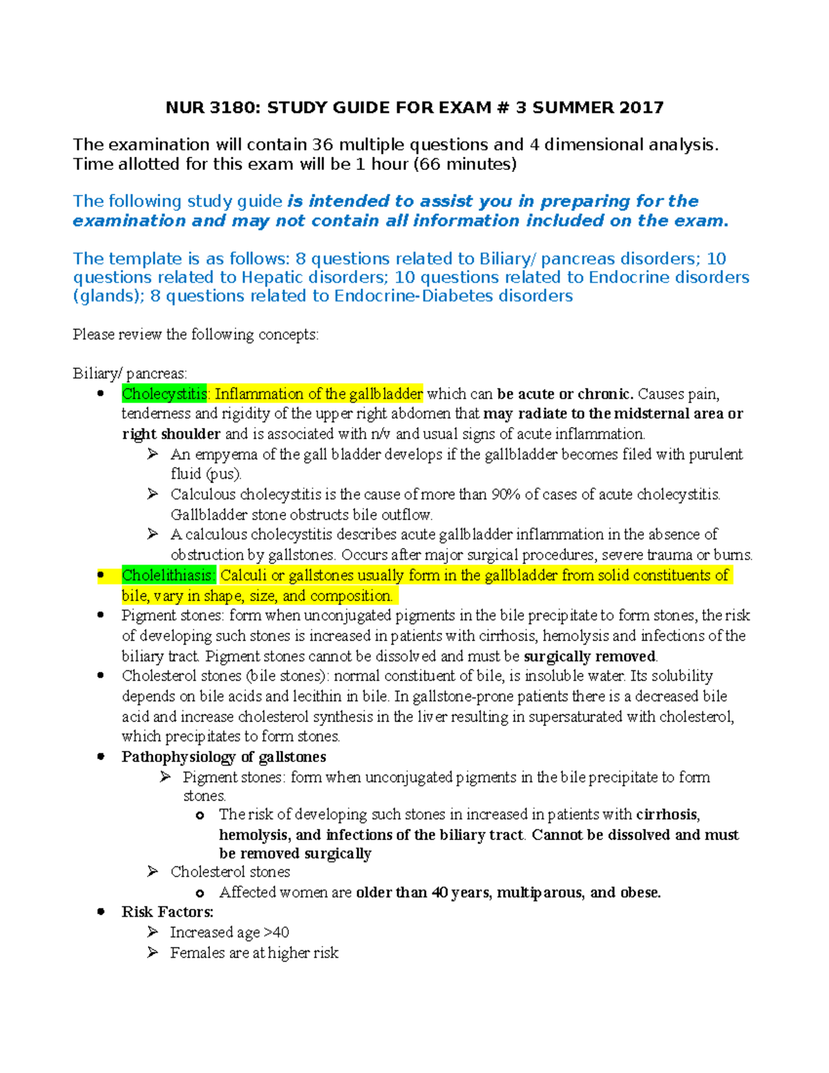 Study Guide Exam 3 - Lecture notes 12-15 - NUR 3180: STUDY GUIDE FOR ...