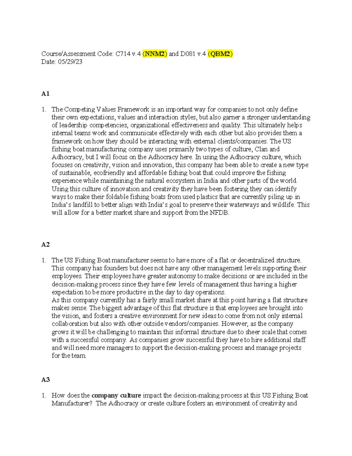 Innovative and Strategic Thinking D081 QBM2 Task 1 - Course/Assessment ...