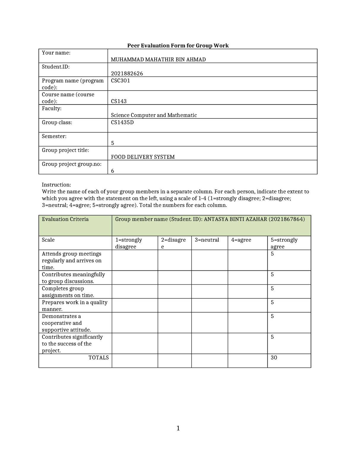 Peer Evalaluation-Group Work - Peer Evaluation Form for Group Work Your ...