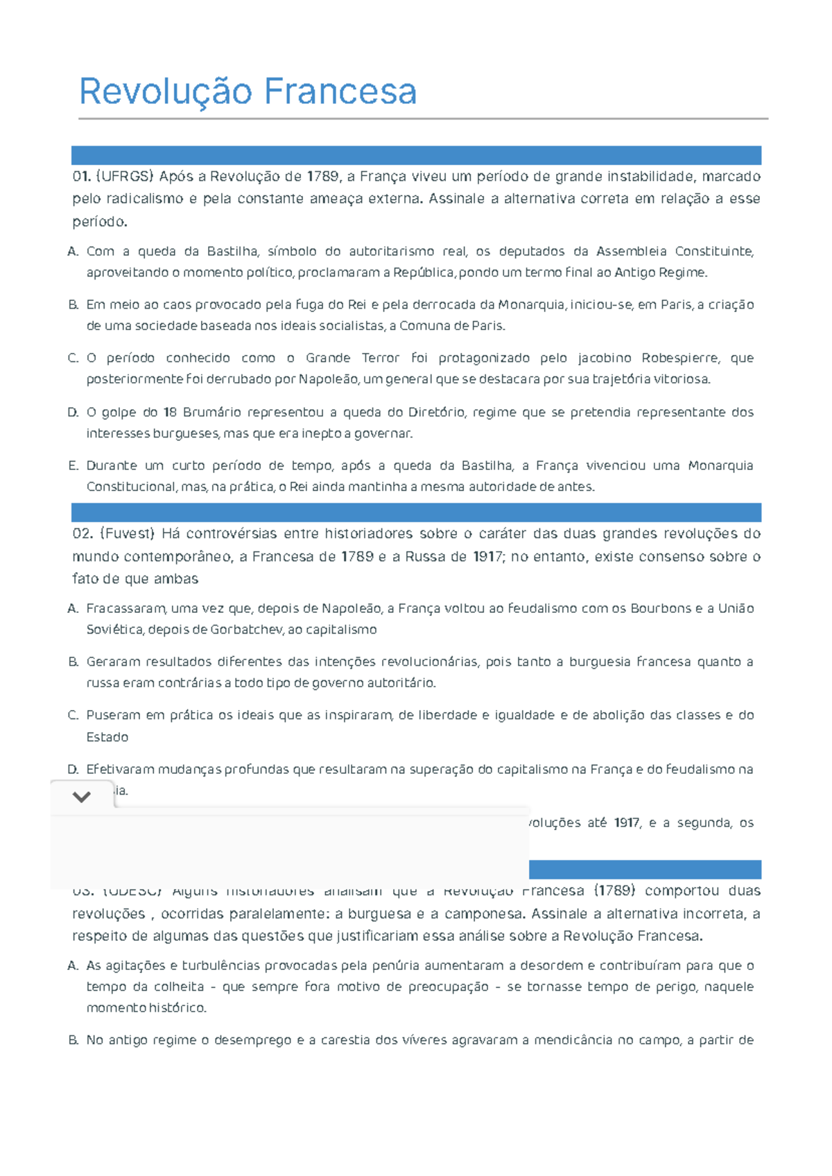 Questões Revolução Francesa Enem - RETOEDU