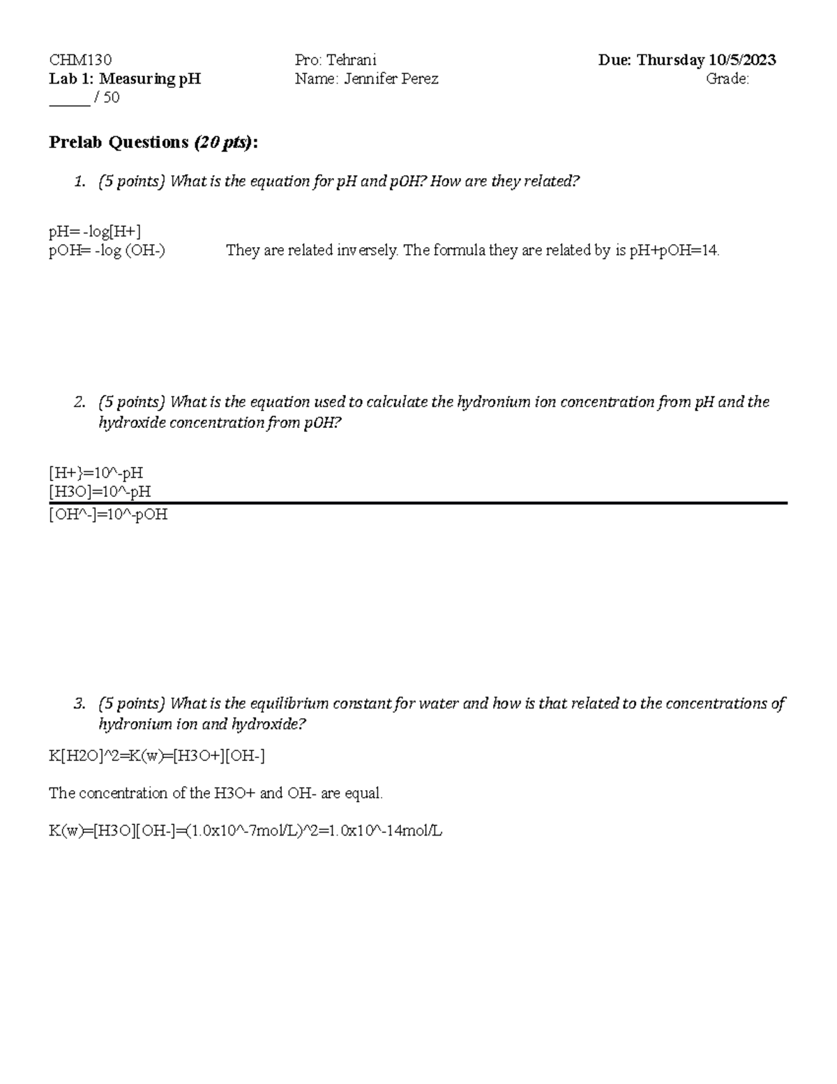 Lab 1 Measuring p H (Thursday) - CHM130 Pro: Tehrani Due: Thursday 10/5 ...