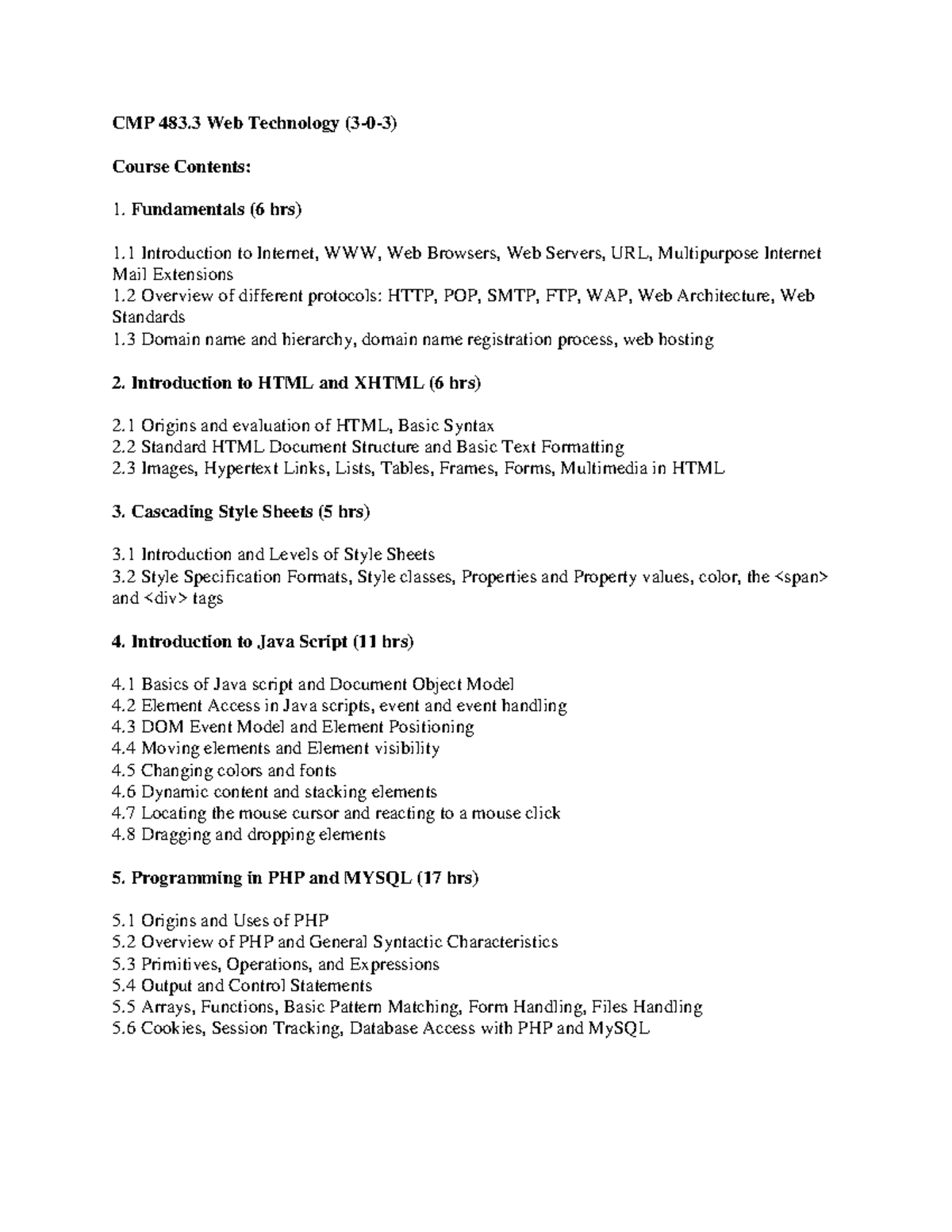 Web Technology Syllabus - CMP 483 Web Technology (3-0-3) Course ...