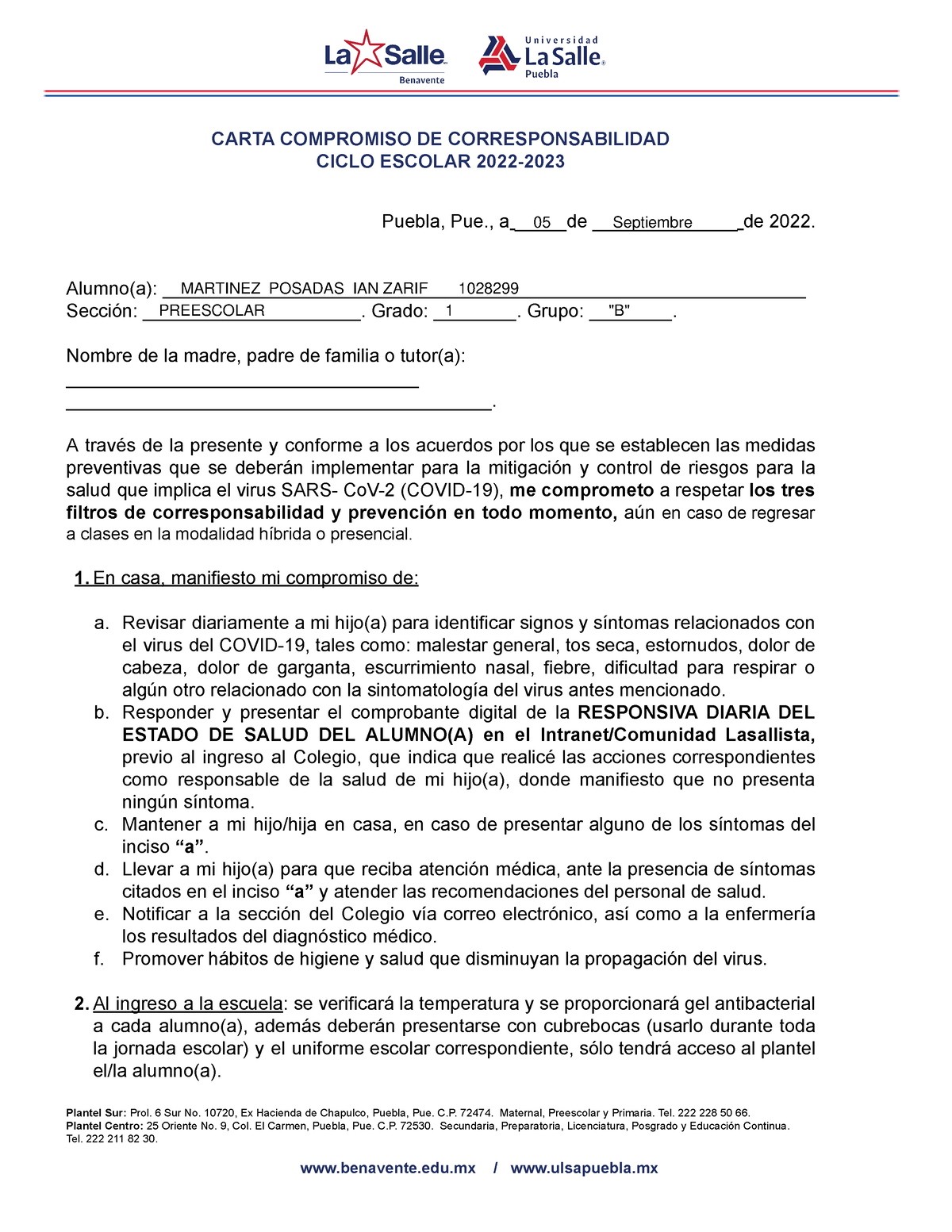 Carta Compromiso De Corresponsabilidad Ciclo Escolar