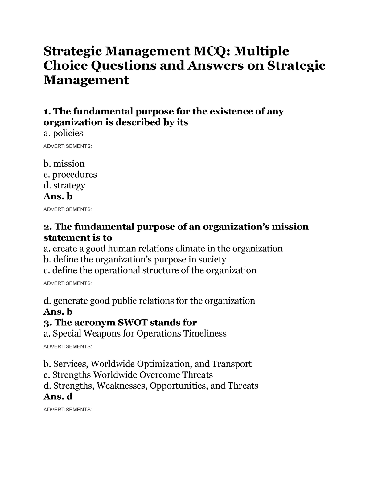 strategic-management-mcq-policies-advertisements-b-mission-c