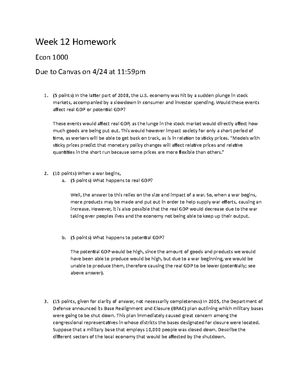 Week 12 Homework - Week 12 Homework Econ 1000 Due To Canvas On 4/24 At ...