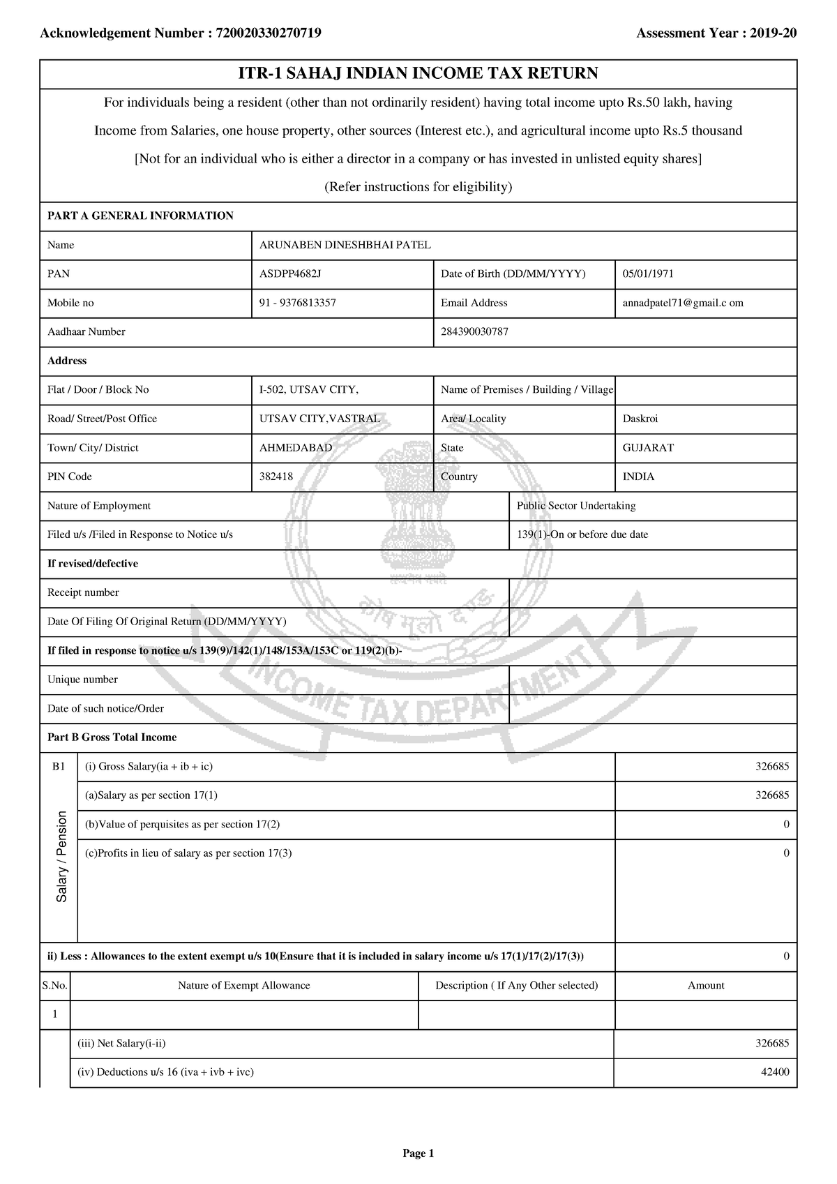 Form pdf 72002 0330270719 - ITR-1 SAHAJ INDIAN INCOME TAX RETURN For ...