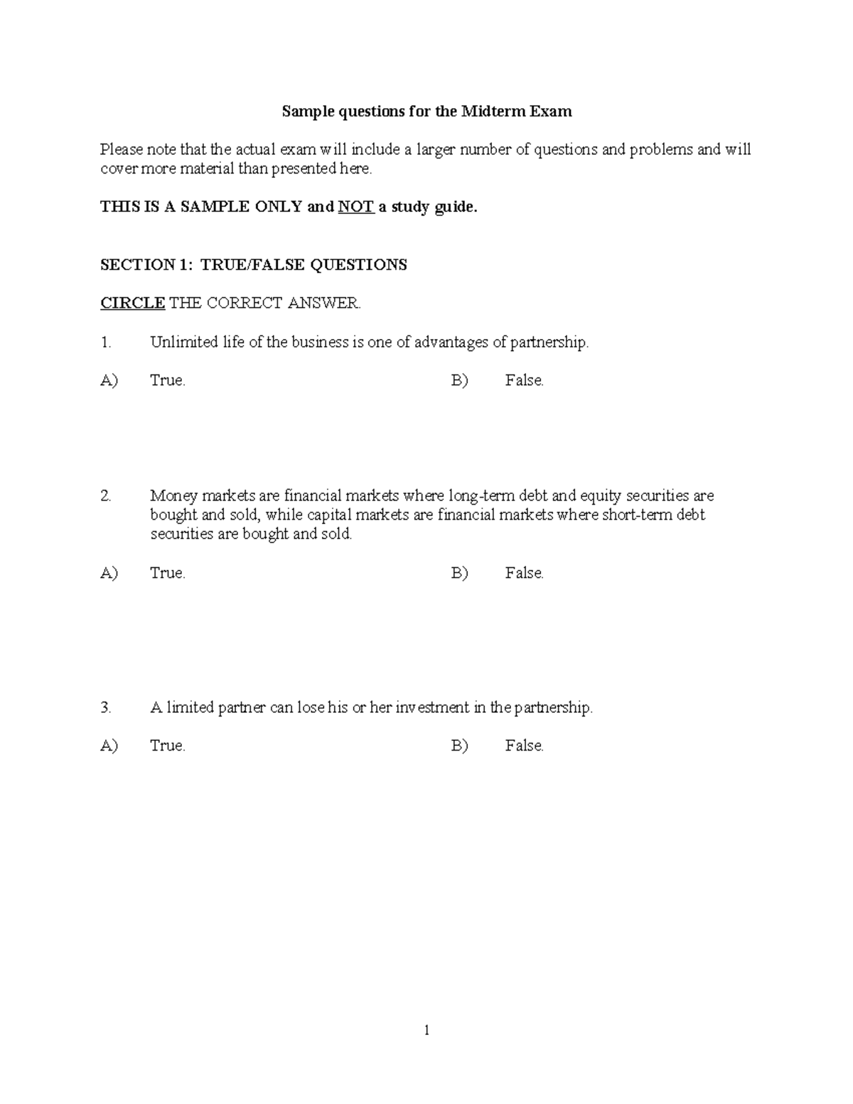 Sample Midterm - Chapter 1 - Sample questions for the Midterm Exam ...