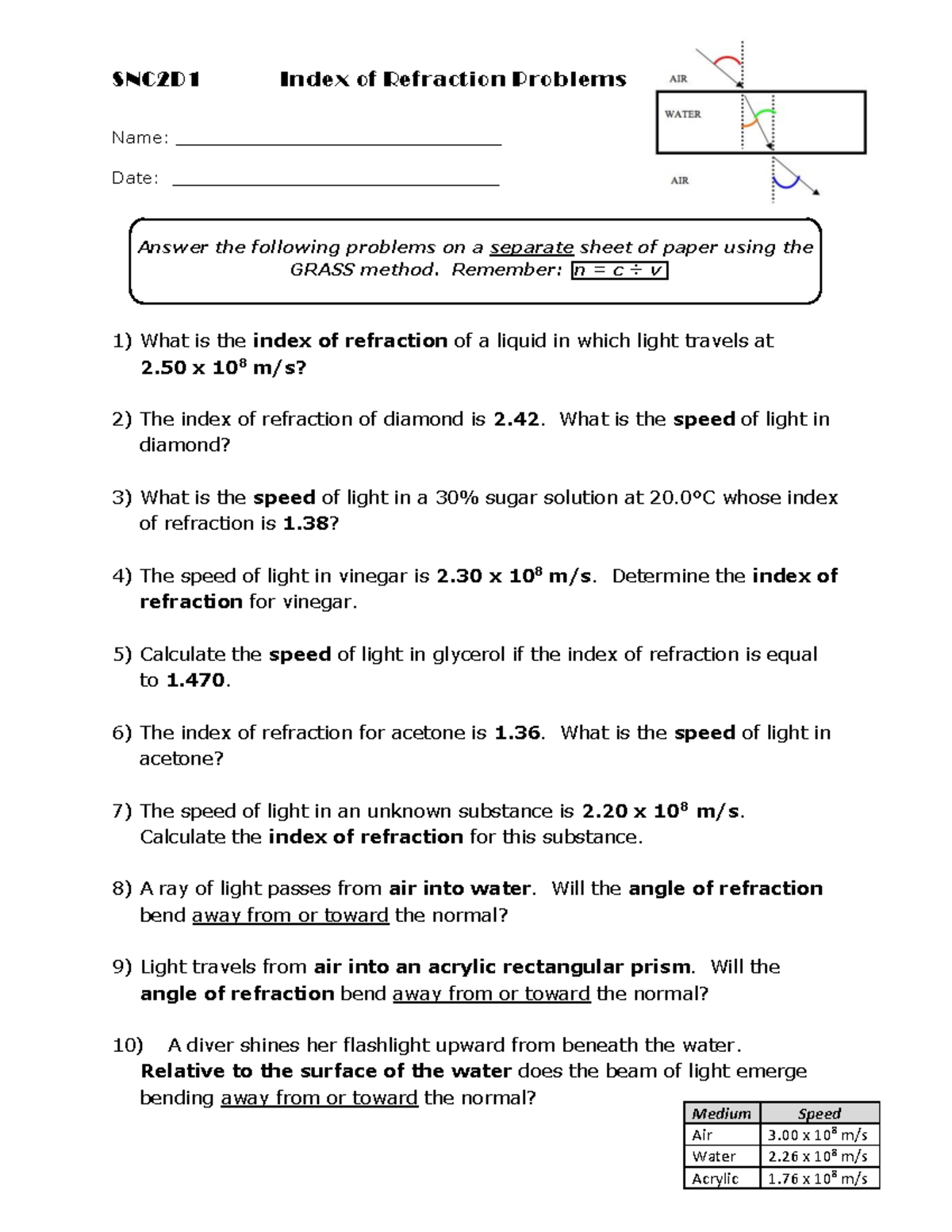 SNC2D 1 Index of Refraction Problems SNC2D1 Index of Refraction Problems Name Studocu