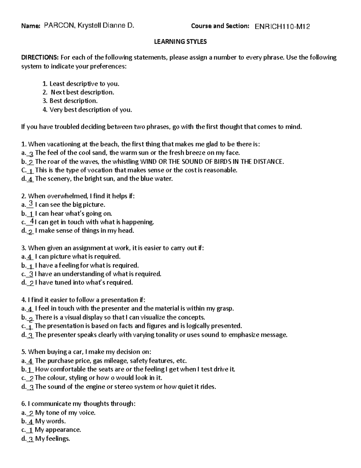 Learning Styles - Lecture notes 3 - Name: Course and Section: LEARNING ...