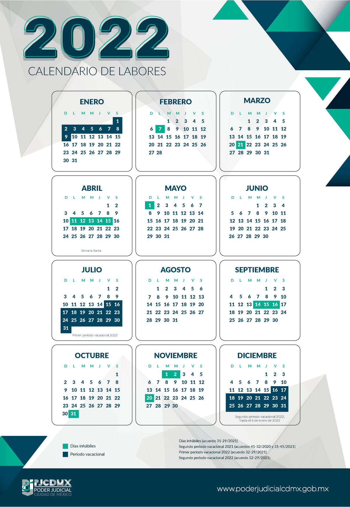 Calendario-2022 pjcdmx - PODER JUDICIAL CIUDAD DE M.. 2022 CALENDARIO DE LABORES DÌas inh·biles 