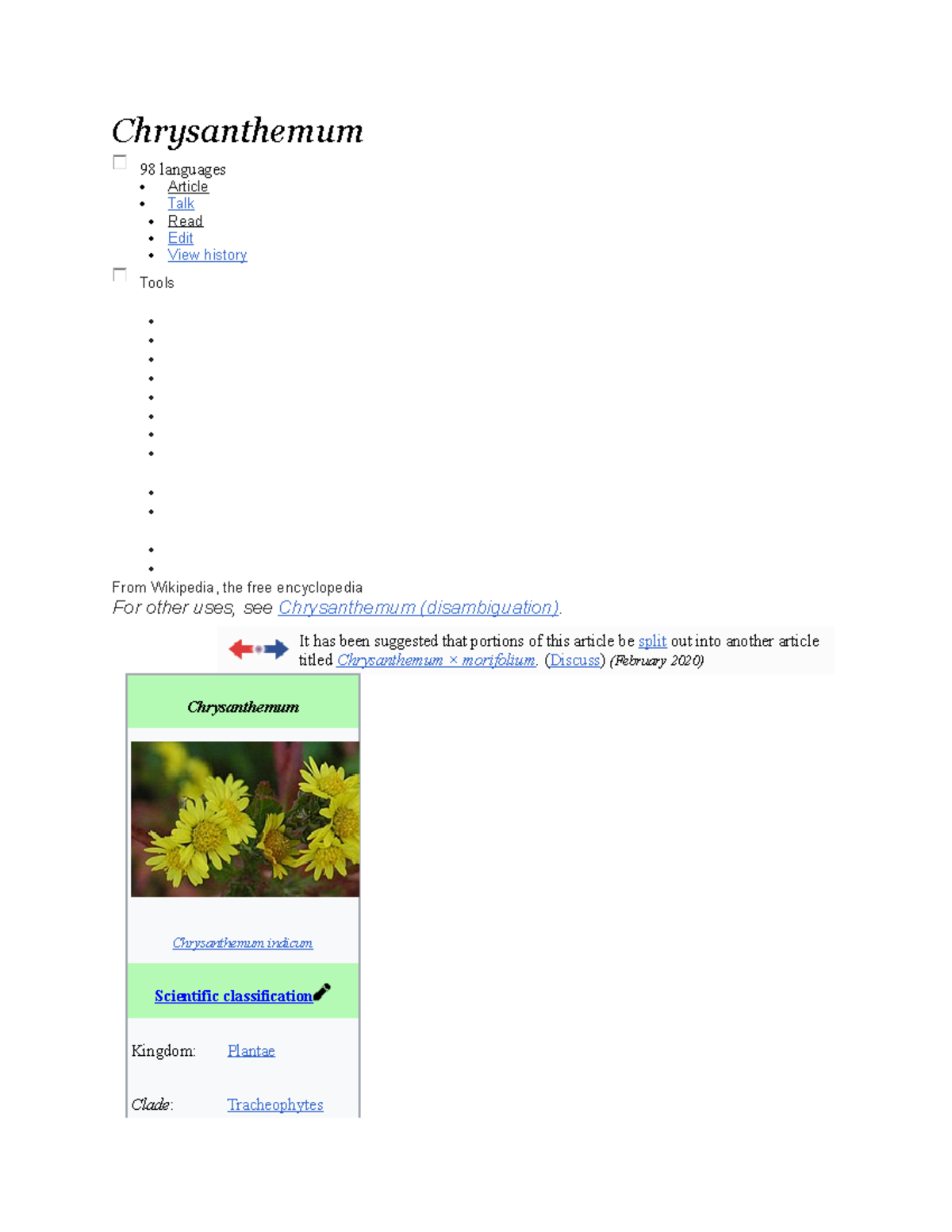 Chrysan NOTES Chrysanthemum 98 languages Article Talk Read Edit