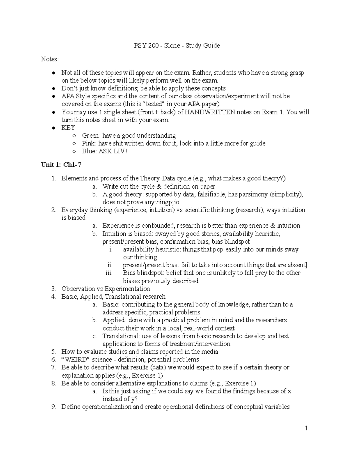 Study Guide Exam 1 - PSY 200 - Slone - Study Guide Notes: Not all of ...