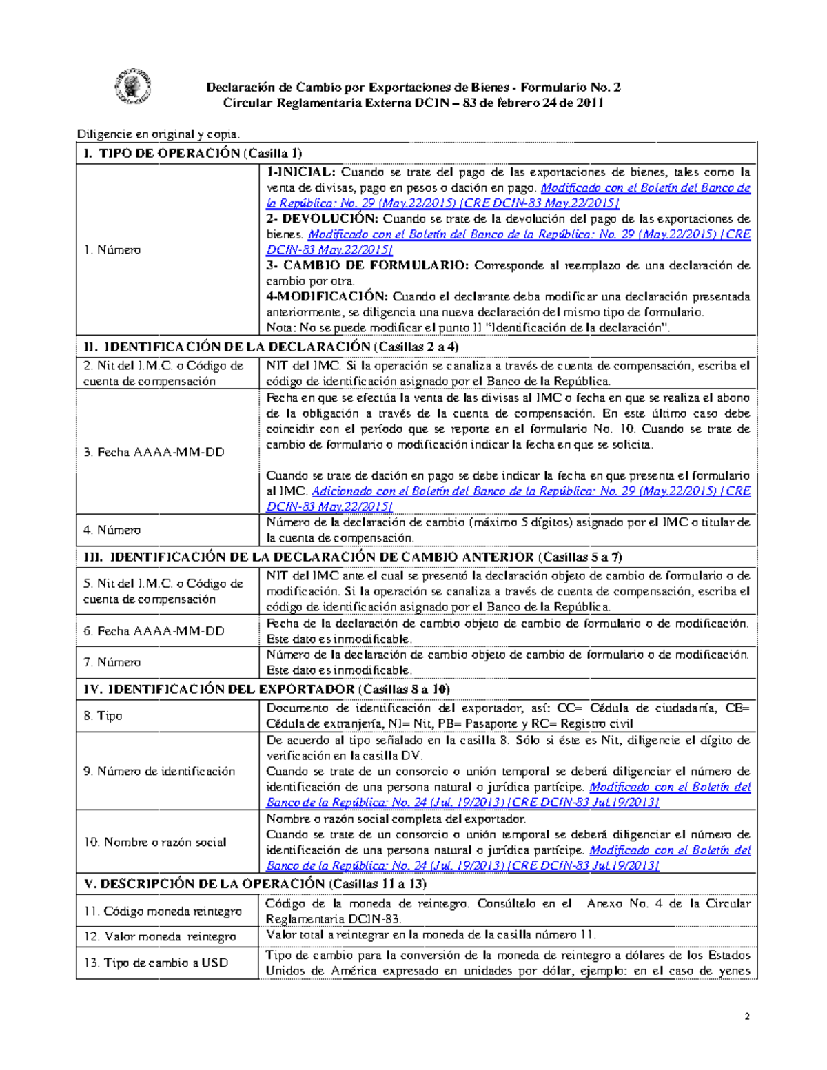 Declaracion De Cambio Por Exportaciones De Bienes Formulario N 2 ...