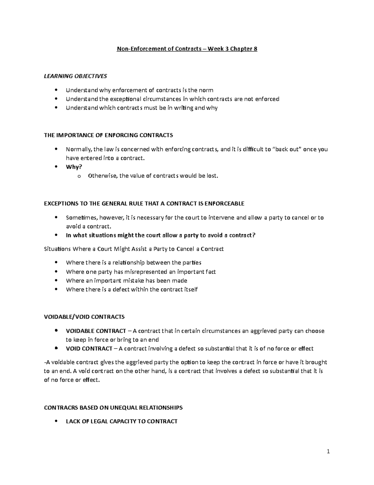 WEEK 3 - Lecture notes 3 - Non-Enforcement of Contracts – Week 3 ...
