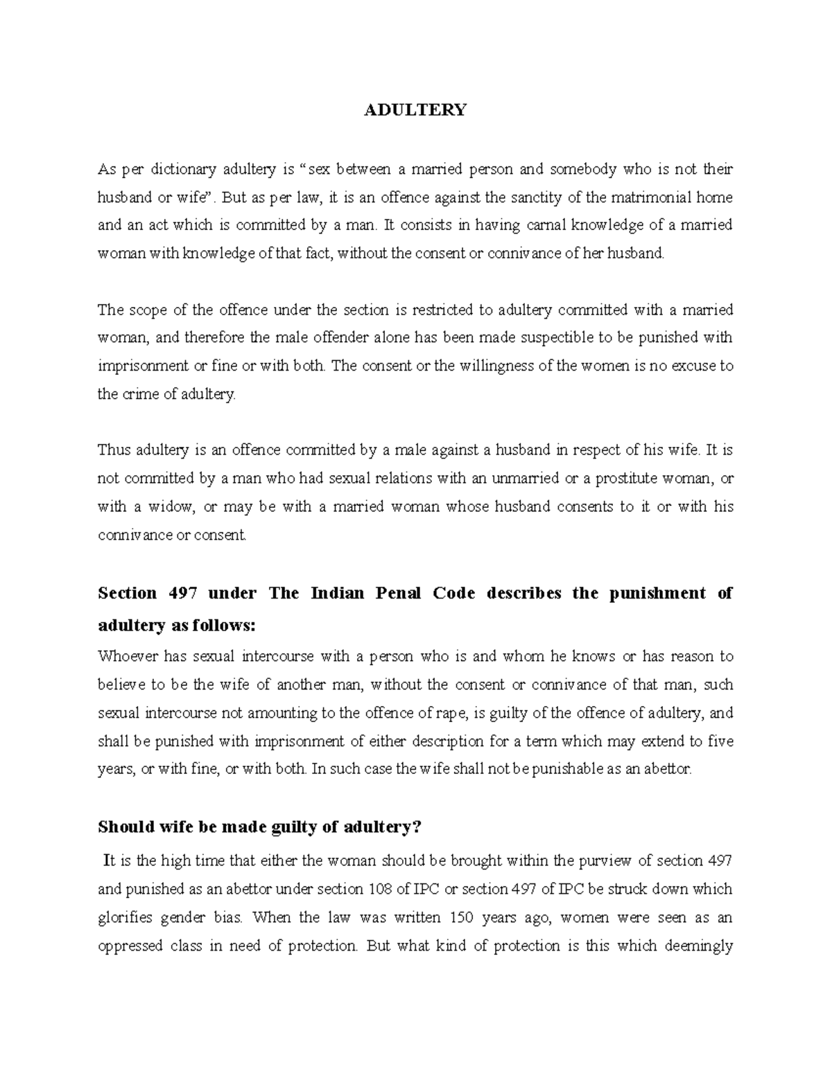 Adultery Assignment ADULTERY As per dictionary adultery is “sex