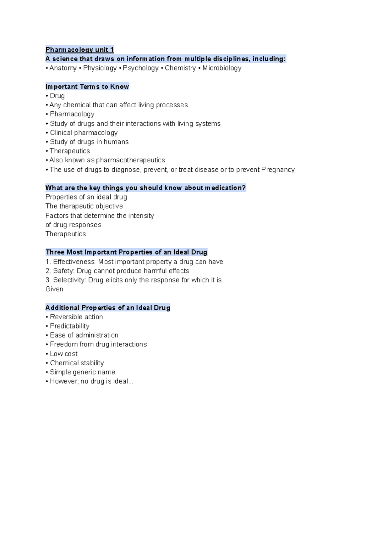 Pharmocology - Pharmacology notes - Pharmacology unit 1 A science that ...