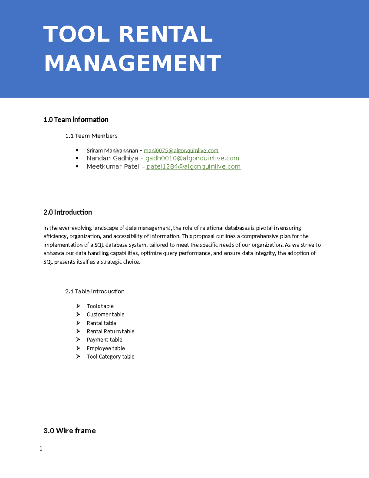 Tool rental management - TOOL RENTAL MANAGEMENT 1 Team information 1 ...