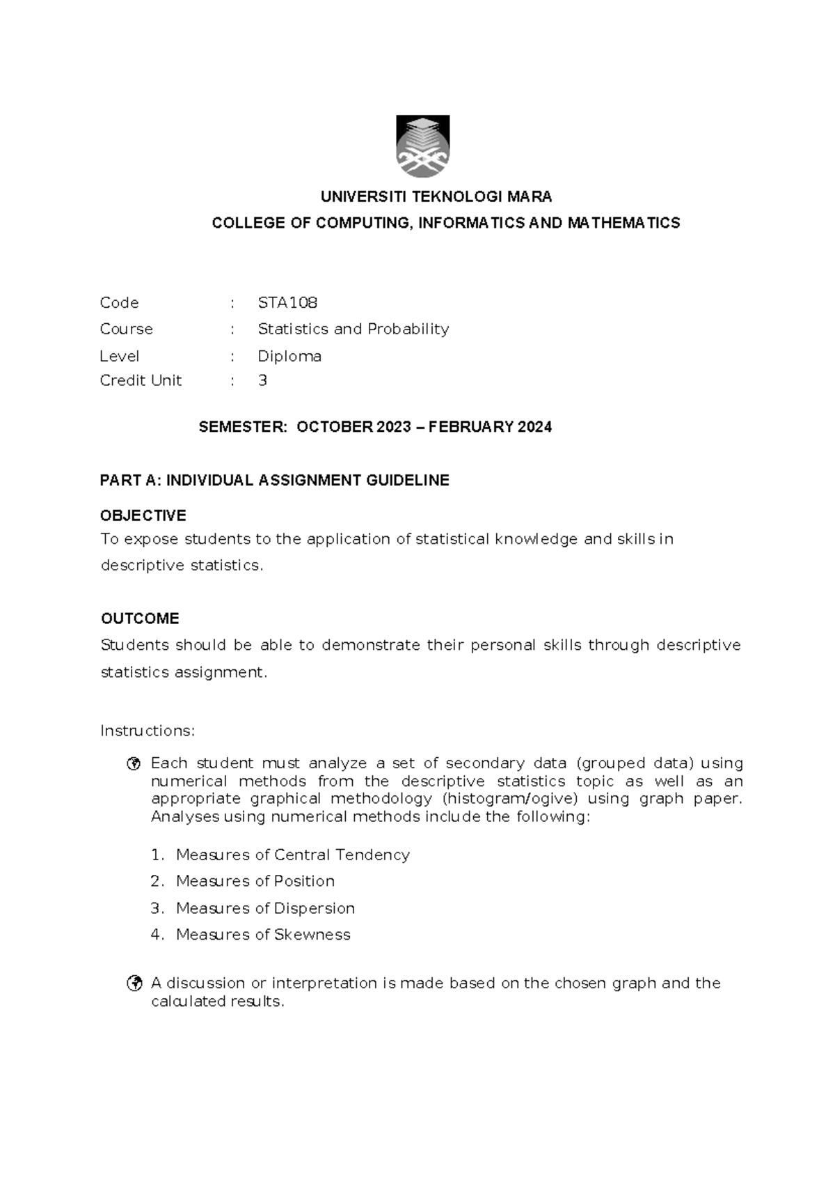 3. Assignment and Group Projects (STA108) Oct 2023 edited - UNIVERSITI ...