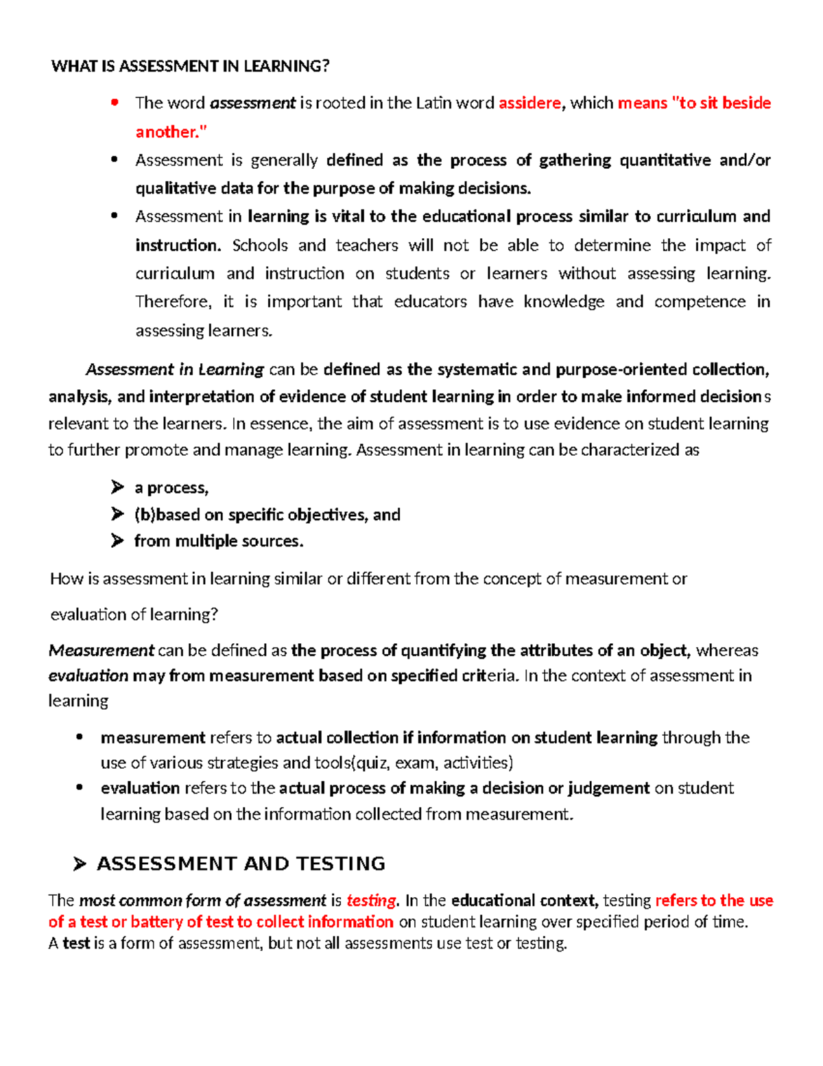 EDUC103 Prelim Reviewer - WHAT IS ASSESSMENT IN LEARNING? The word ...