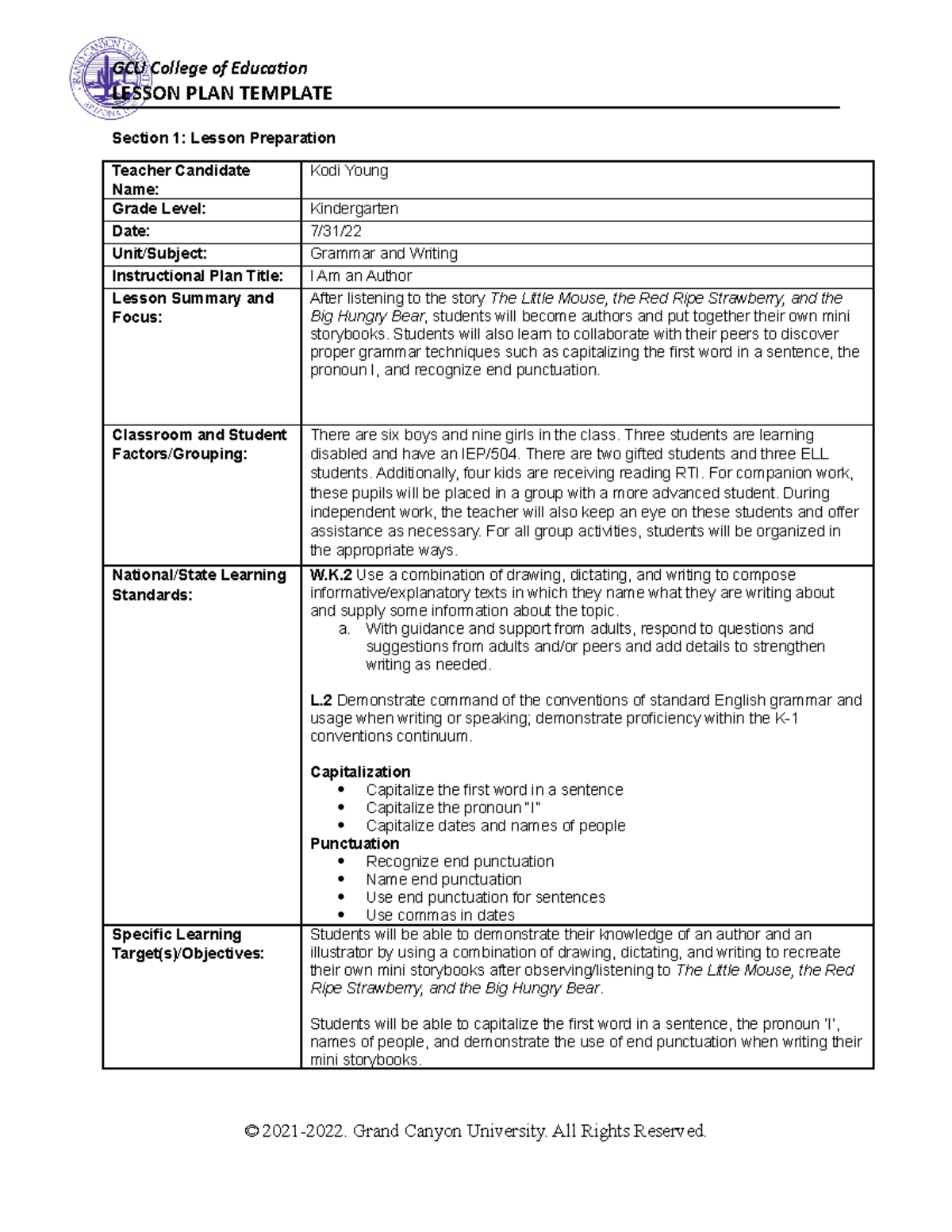 Grammar and Writing Lesson Plan - LESSON PLAN TEMPLATE Section 1 ...