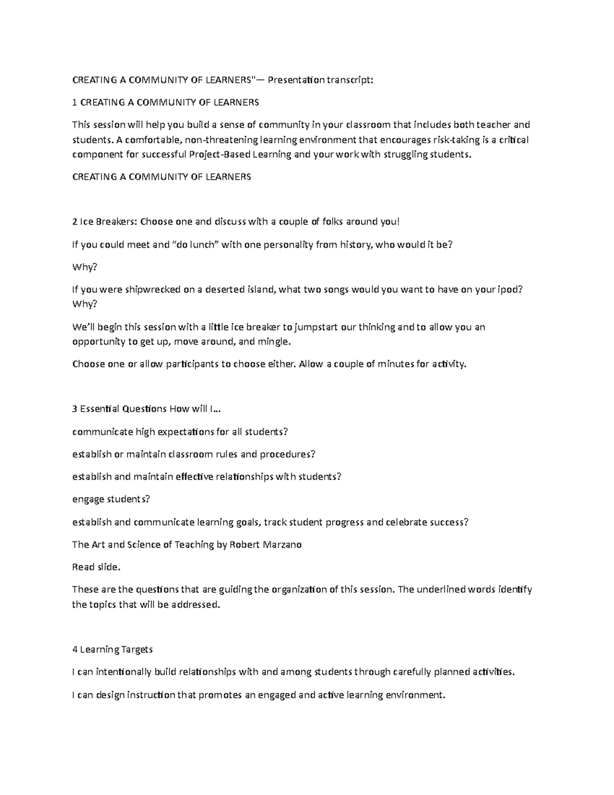 Creating A Community OF Learners - CREATING A COMMUNITY OF LEARNERS ...