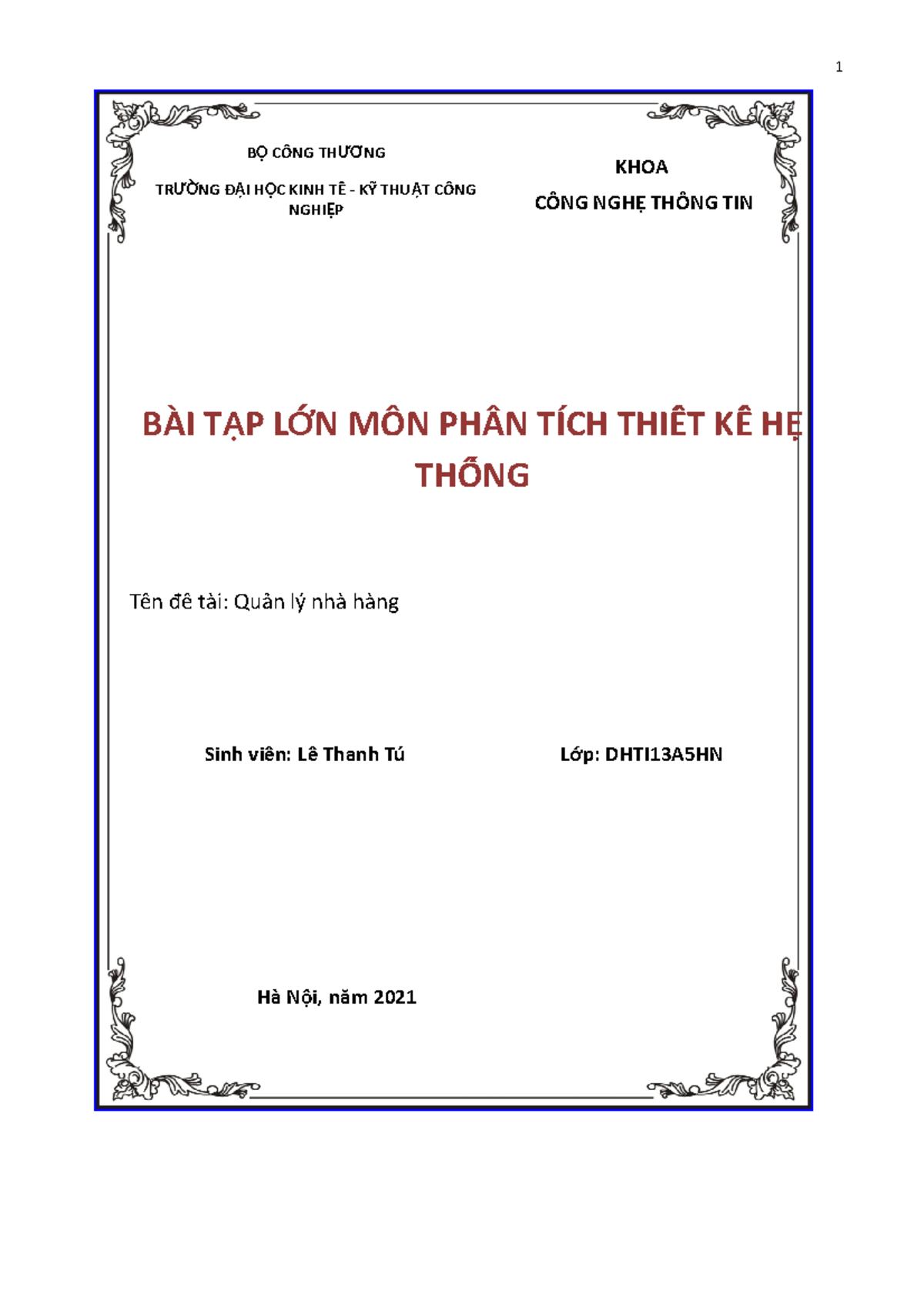 Bai tap lon phan tich va thiet ke he thong quan ly nha hang - BÀI T ẬP ...