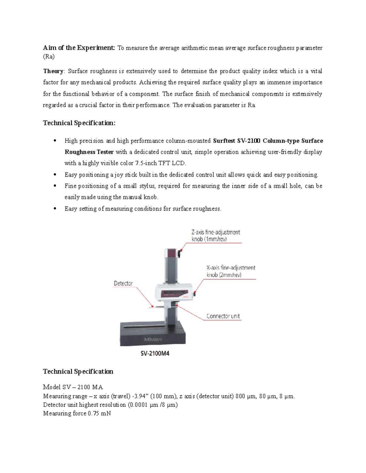 Surface Roughness Manual - Aim Of The Experiment: To Measure The ...