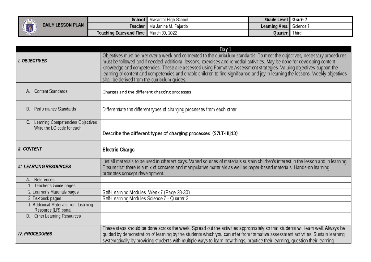 DLL 1 - 2 - DAILY LESSON PLAN School Masantol High School Grade Level ...