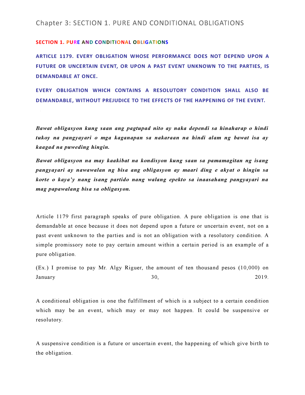 Section 1. PURE AND Conditional Obligations - SECTION 1. PURE AND ...