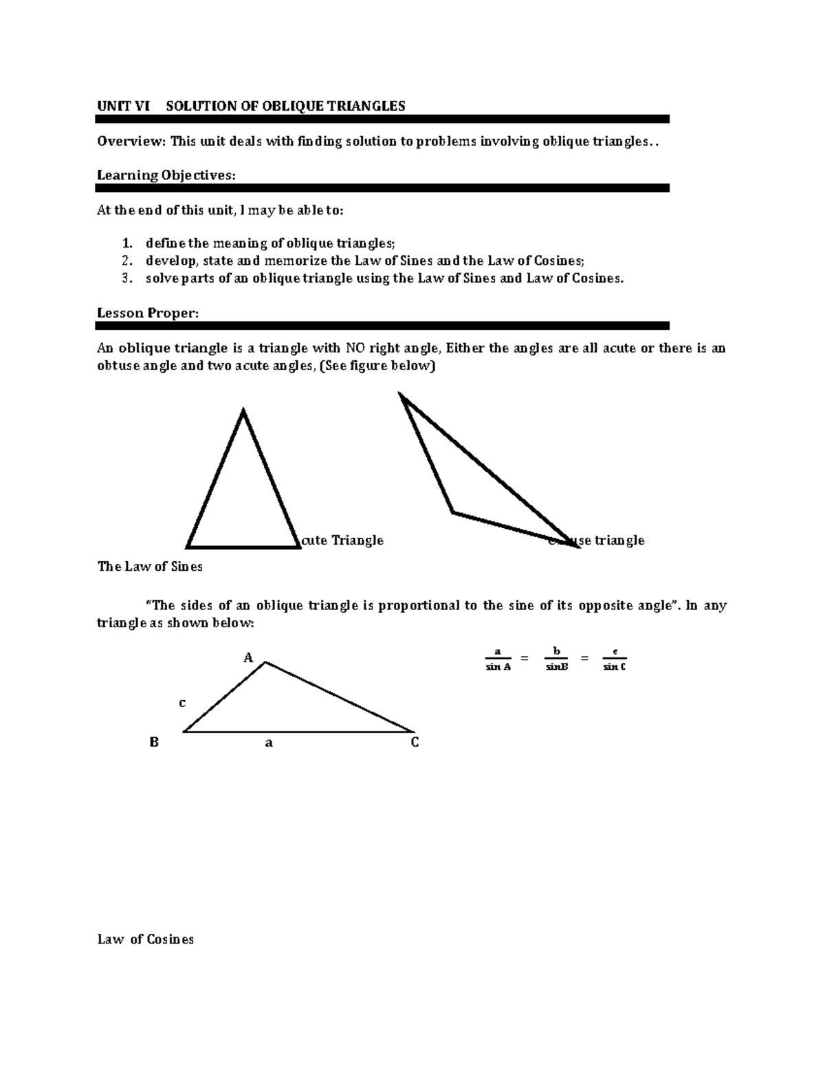 Trigonometry Unit 6 Module Solution OF Oblique Triangles UNIT VI
