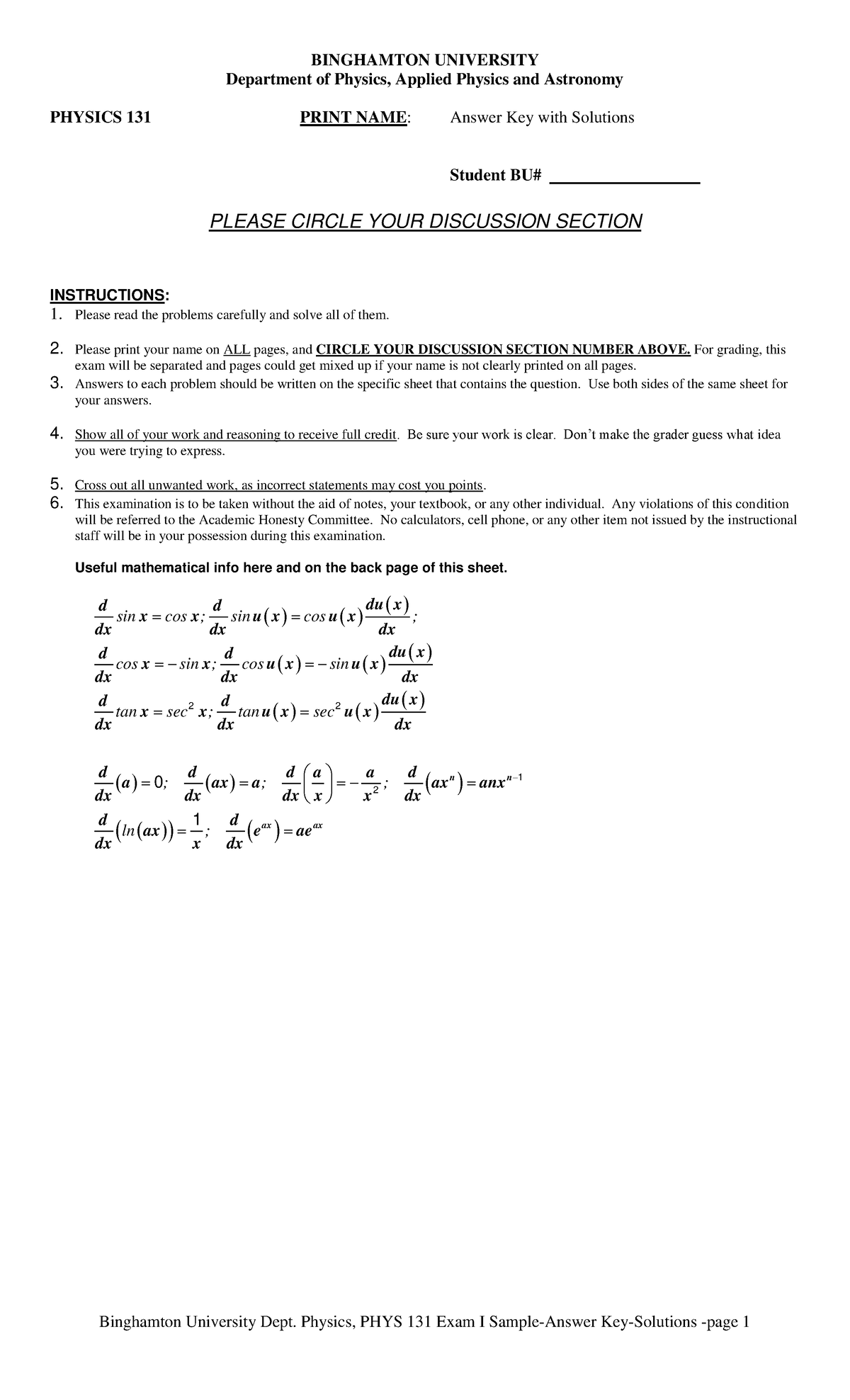 Sample Exam One Answer Key BINGHAMTON UNIVERSITY Department, 55 OFF