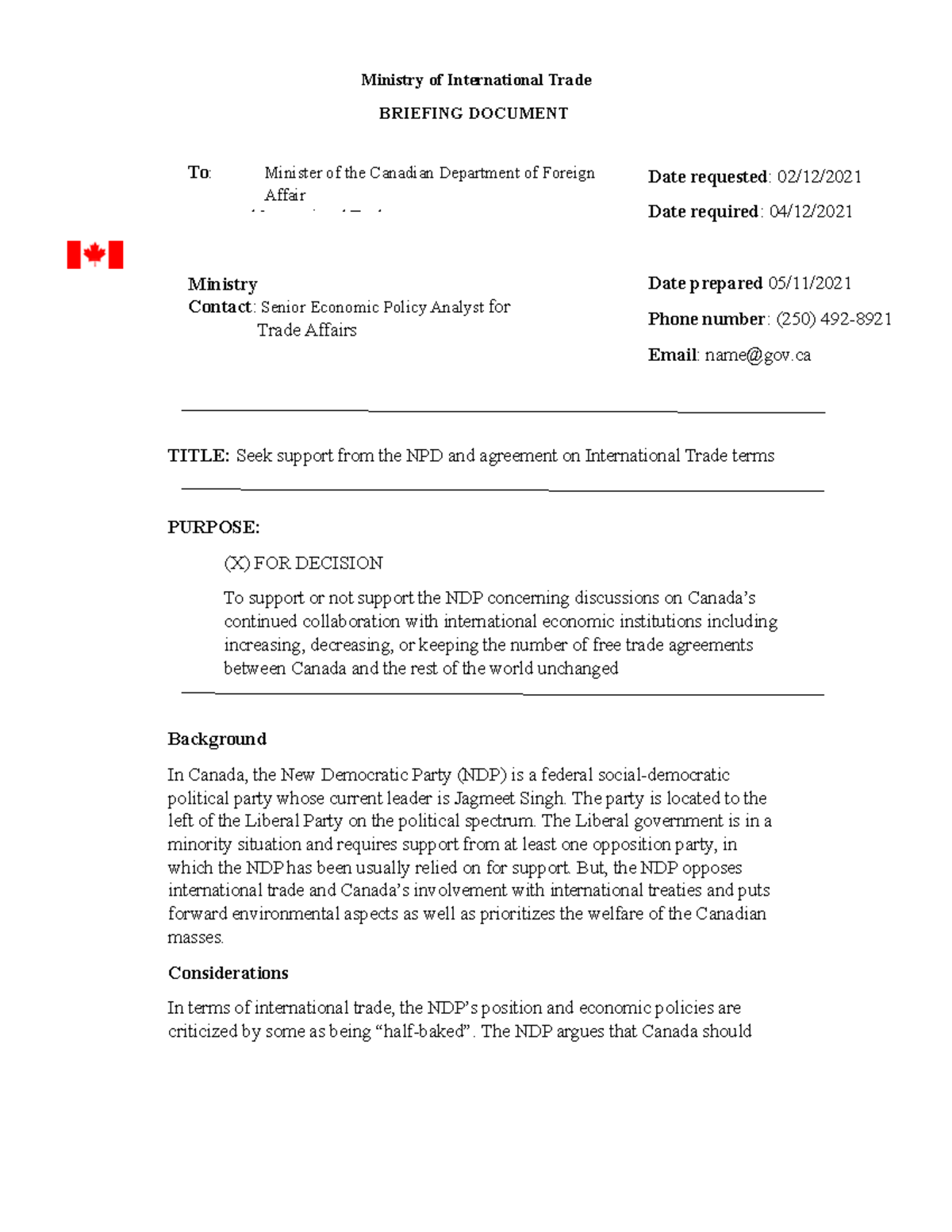 Briefing note 3 TITLE Seek support from the NPD and agreement on