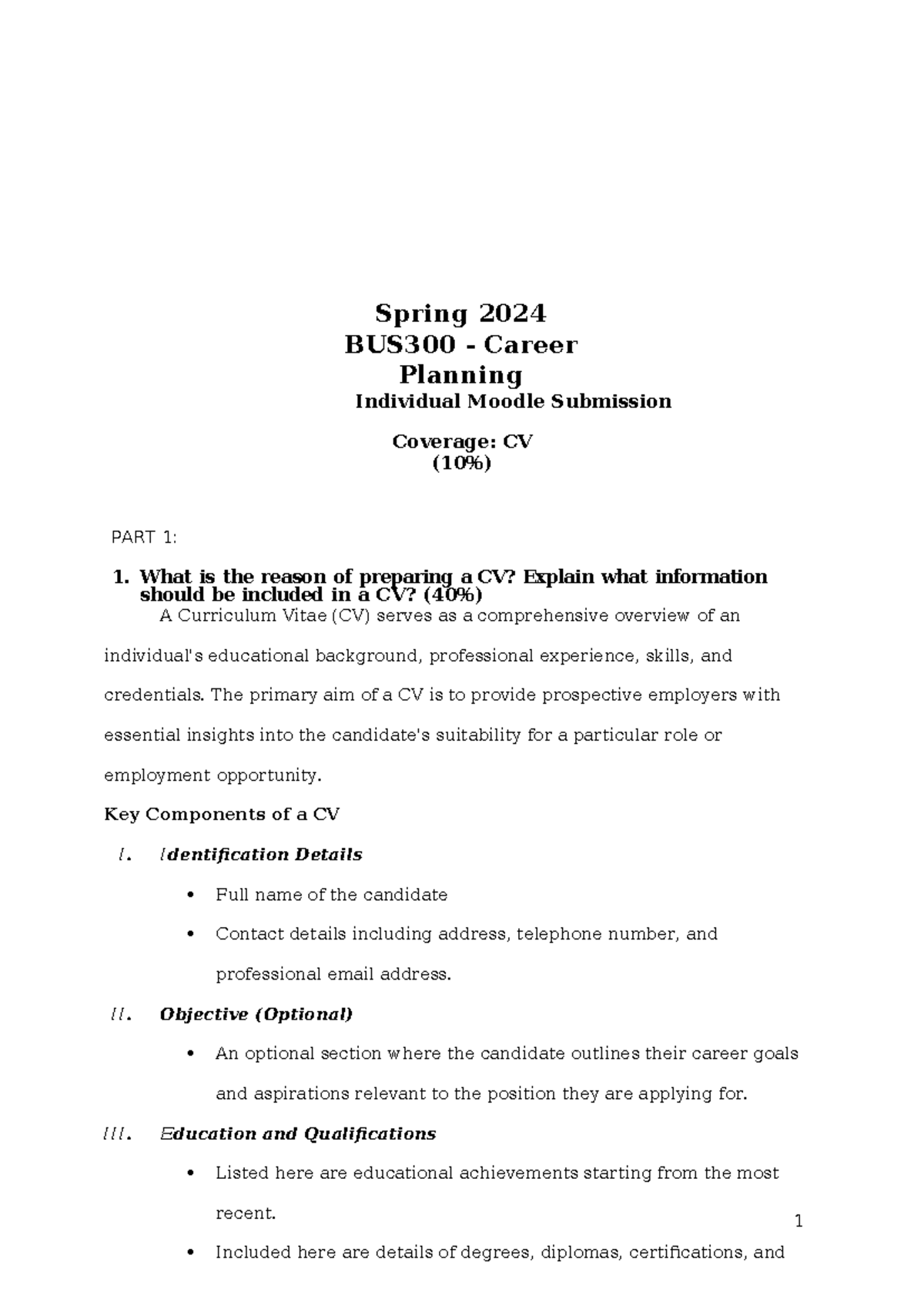 BUS300 Sp24 Individual Assignment CV - 1 1 Spring 2024 BUS300 - Career ...