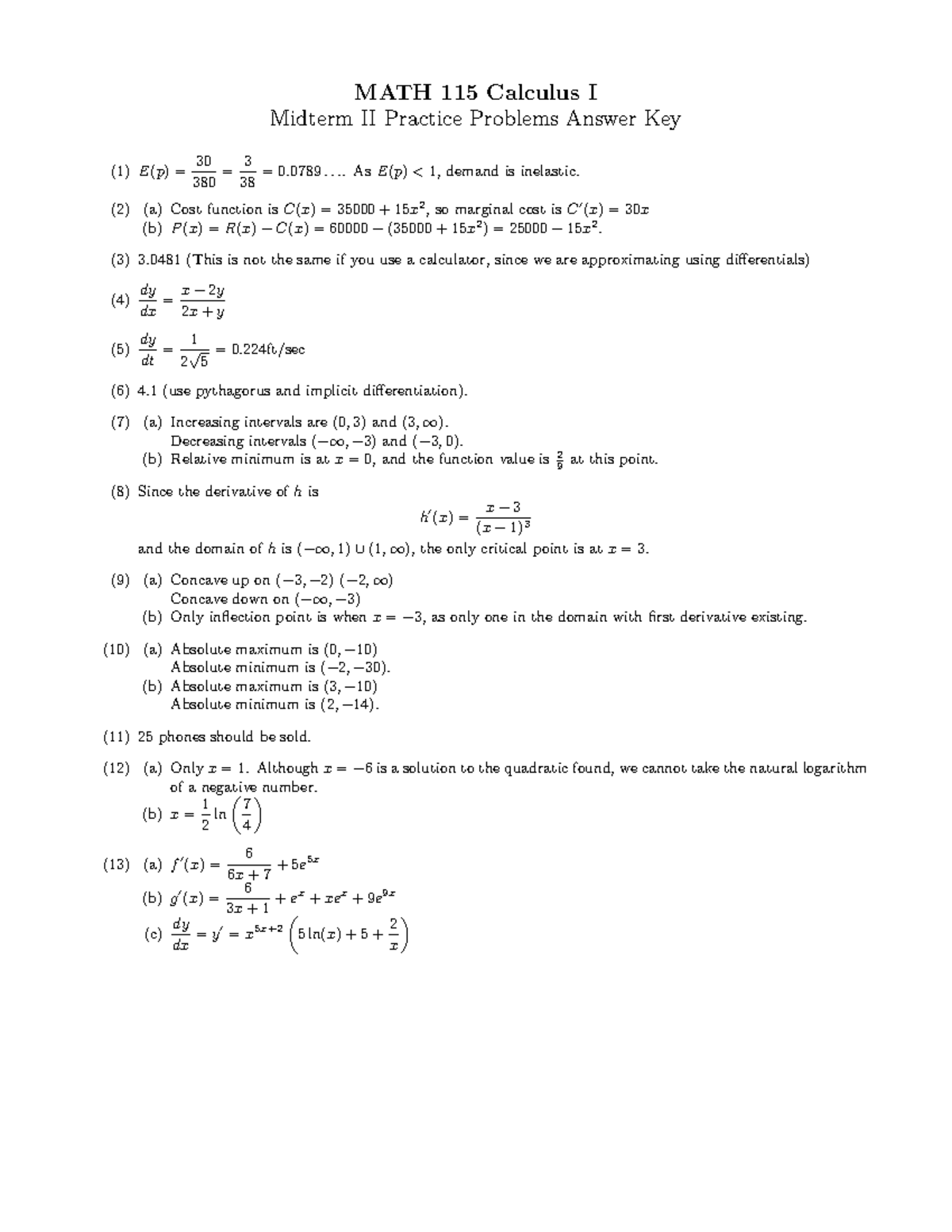 Midterm 2 Practice Problems Answer Key - MATH 115 Calculus I Midterm II ...