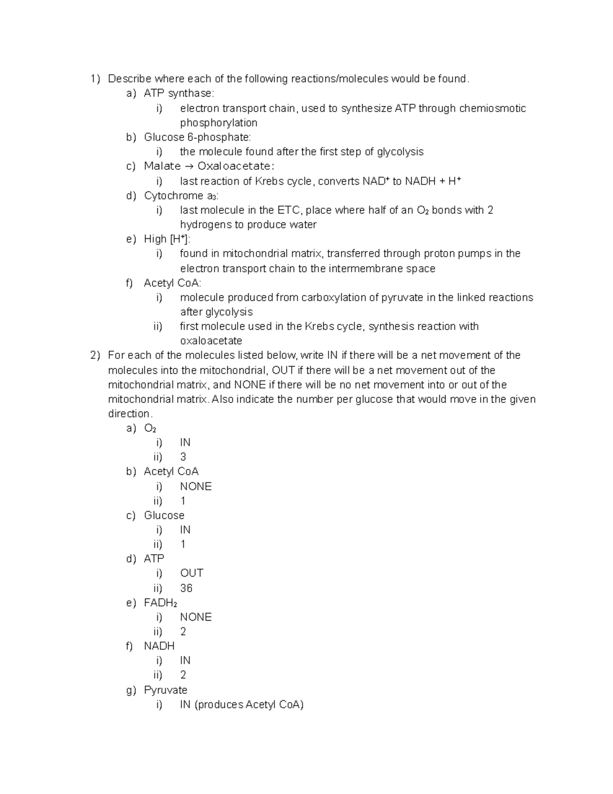 Cellular Respiration Review Sheet 2 - Describe where each of the ...