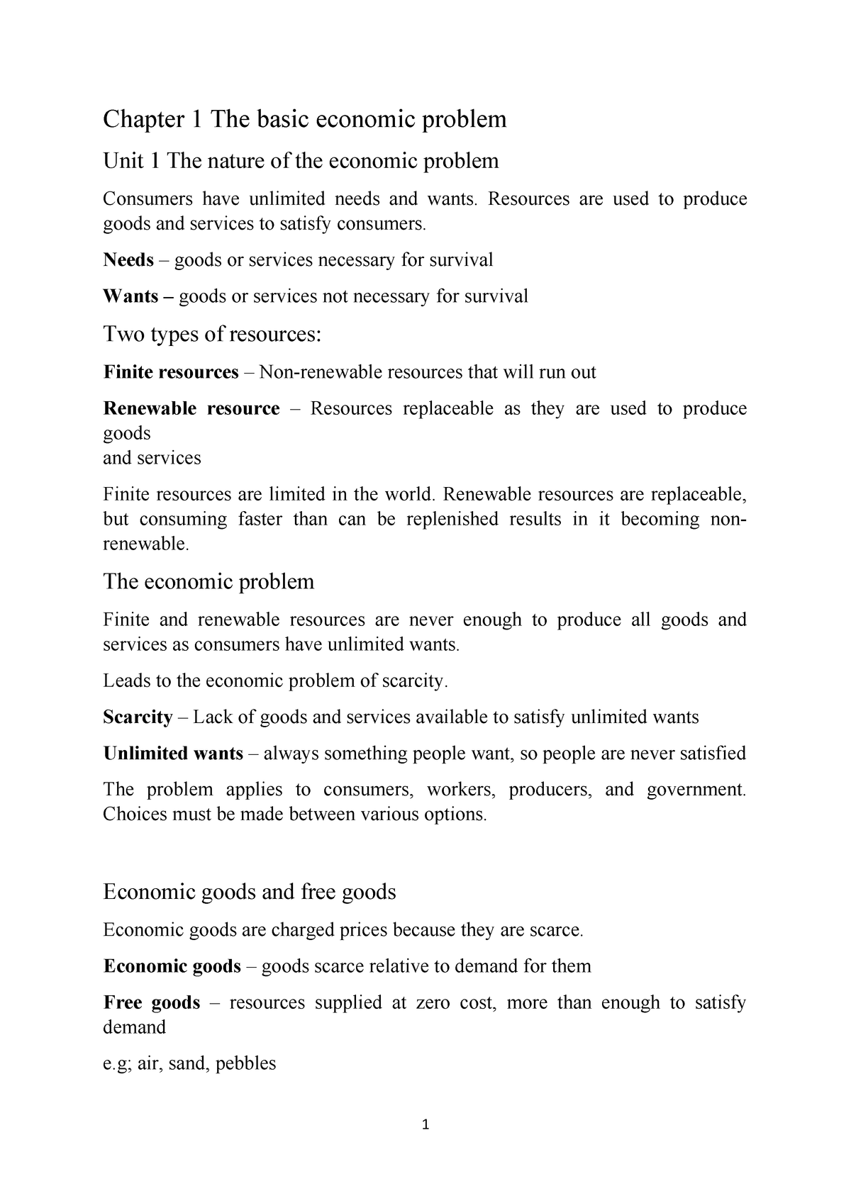 Cie Igcse Economics Unit 6 4 Incomplete Chapter The Basic Economic Problem Unit The Nature Of The Economic Problem Consumers Have Unlimited Needs And Wants Studocu