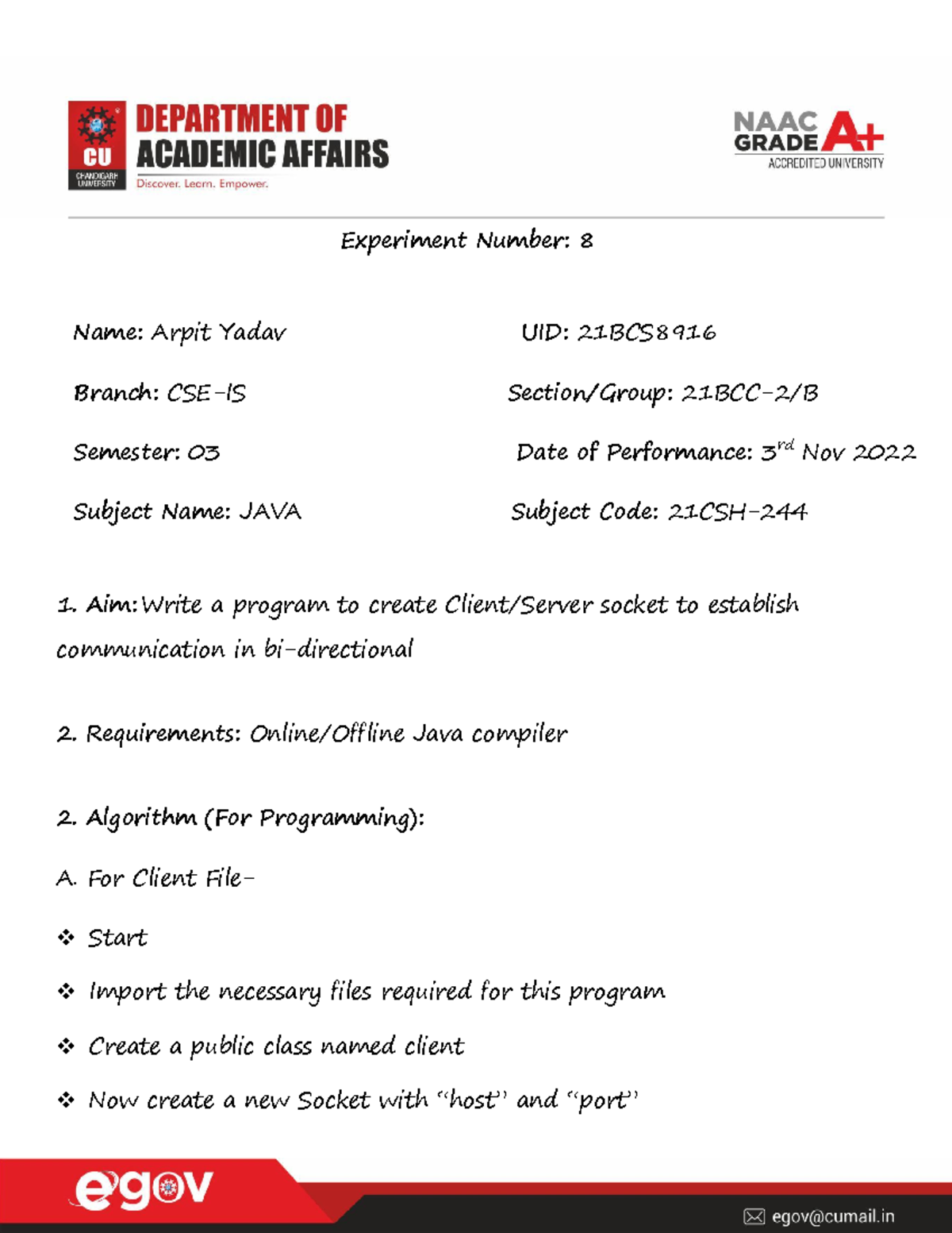 8916 JAVA exp8 - hdt - Experiment Number: 8 Name: Arpit Yadav UID ...