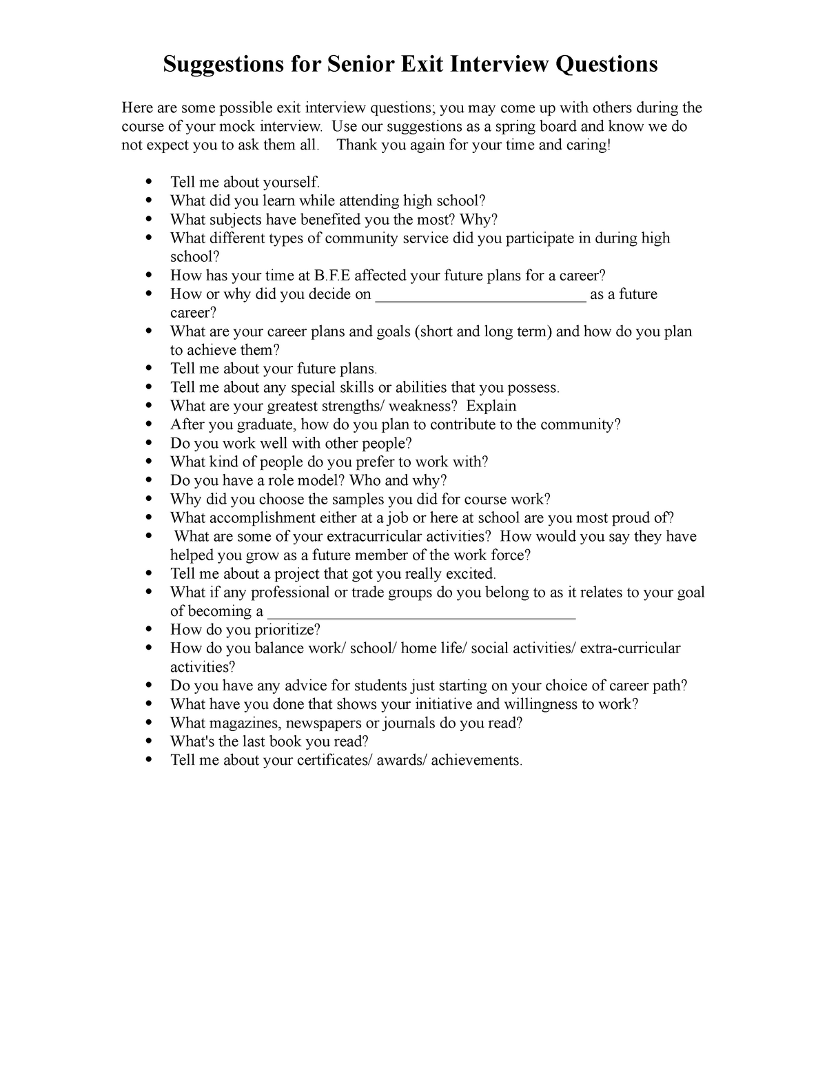 Possible interview questions - Suggestions for Senior Exit