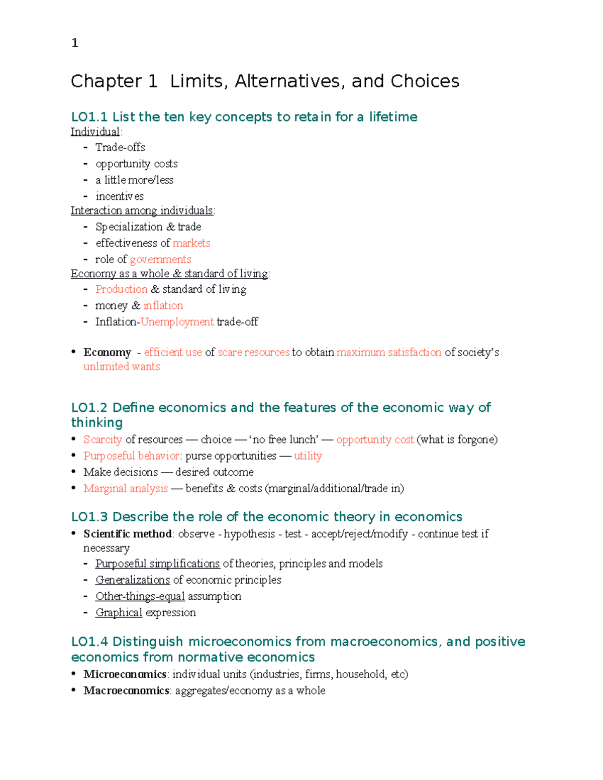 ECON1020 Final Review - Chapter 1 Limits, Alternatives, and Choices LO1 ...