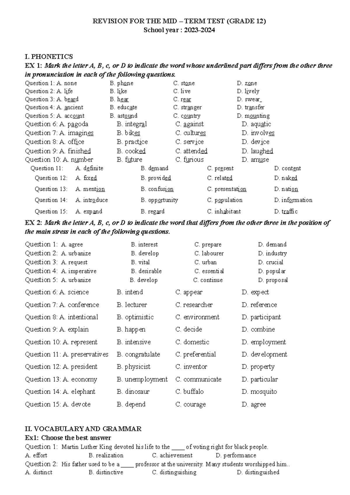 E12 Revision FOR THE 1ST MID TERM 2023 2024 - REVISION FOR THE MID ...