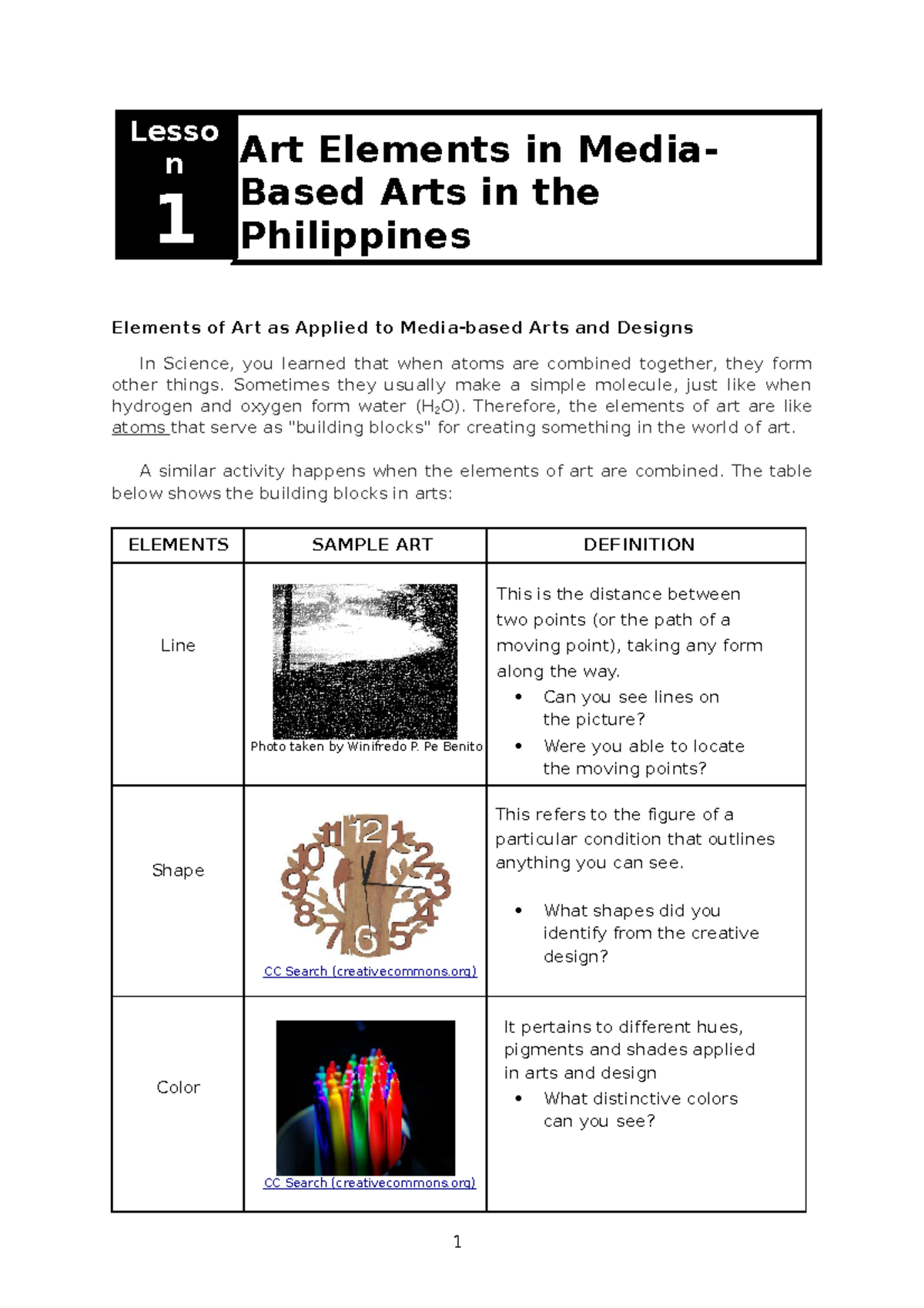ARTS Lesson 1 (Group 1) Learning Materials Lesso n 1 Art Elements