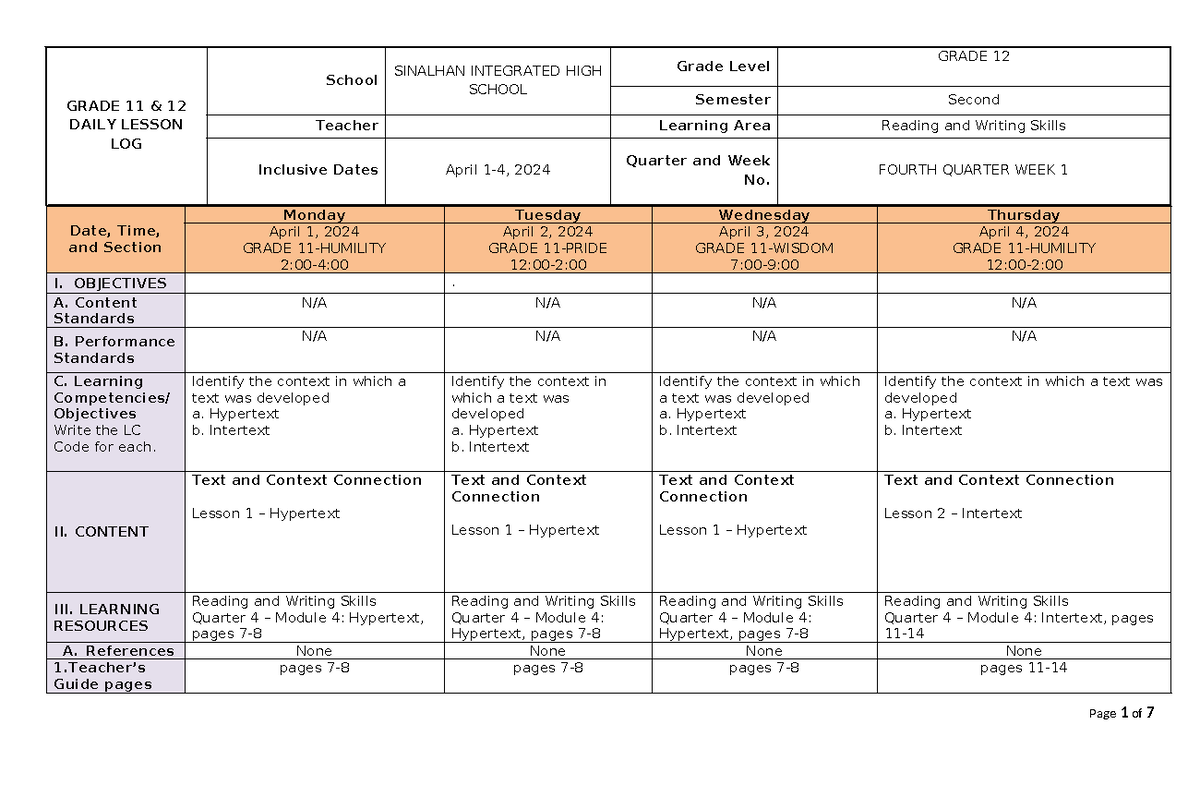 Reading and Writing Skill Lesson Plan GRADE 11 & 12 DAILY LESSON LOG