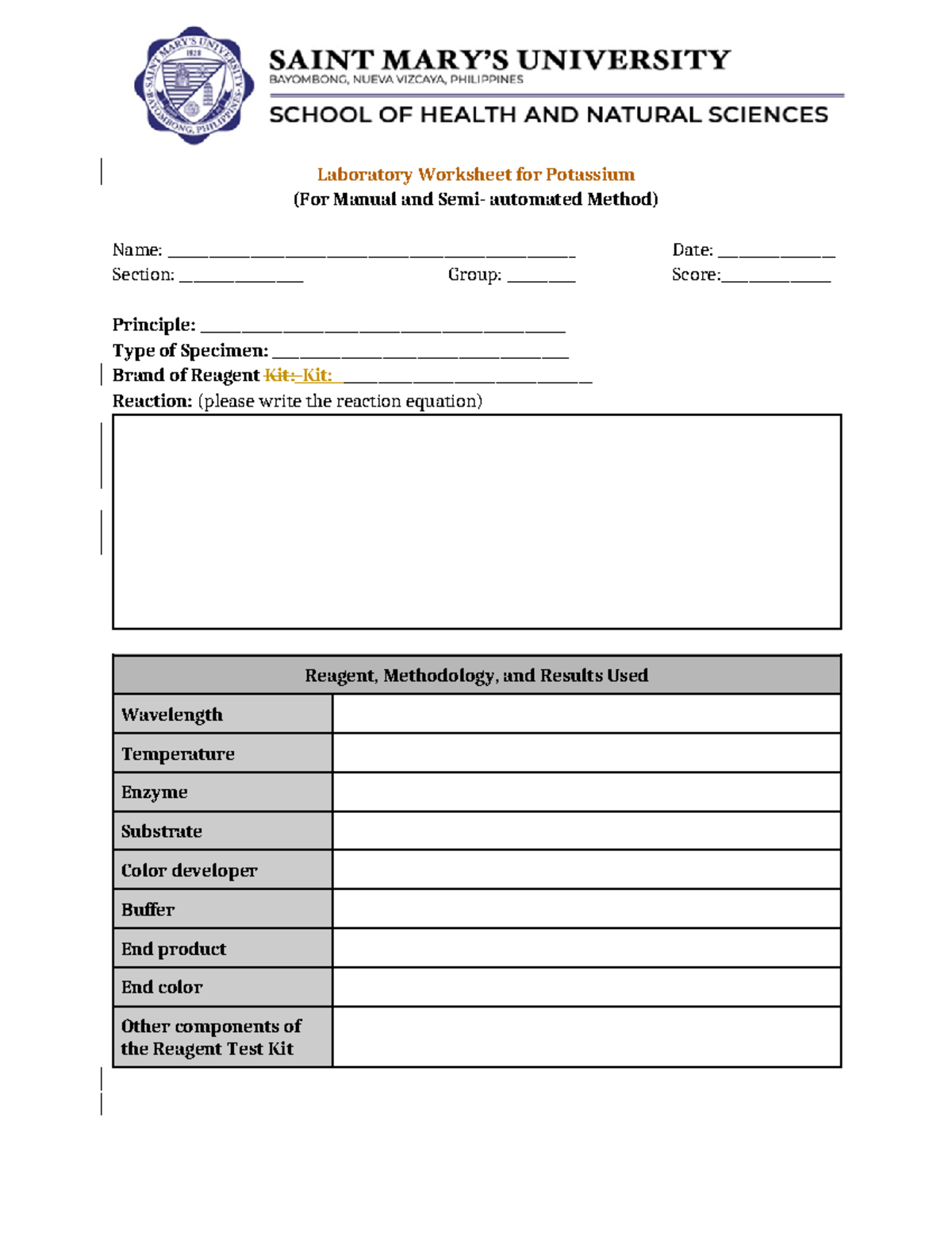 Worksheet- CC lab - Laboratory Worksheet for Potassium (For Manual and ...