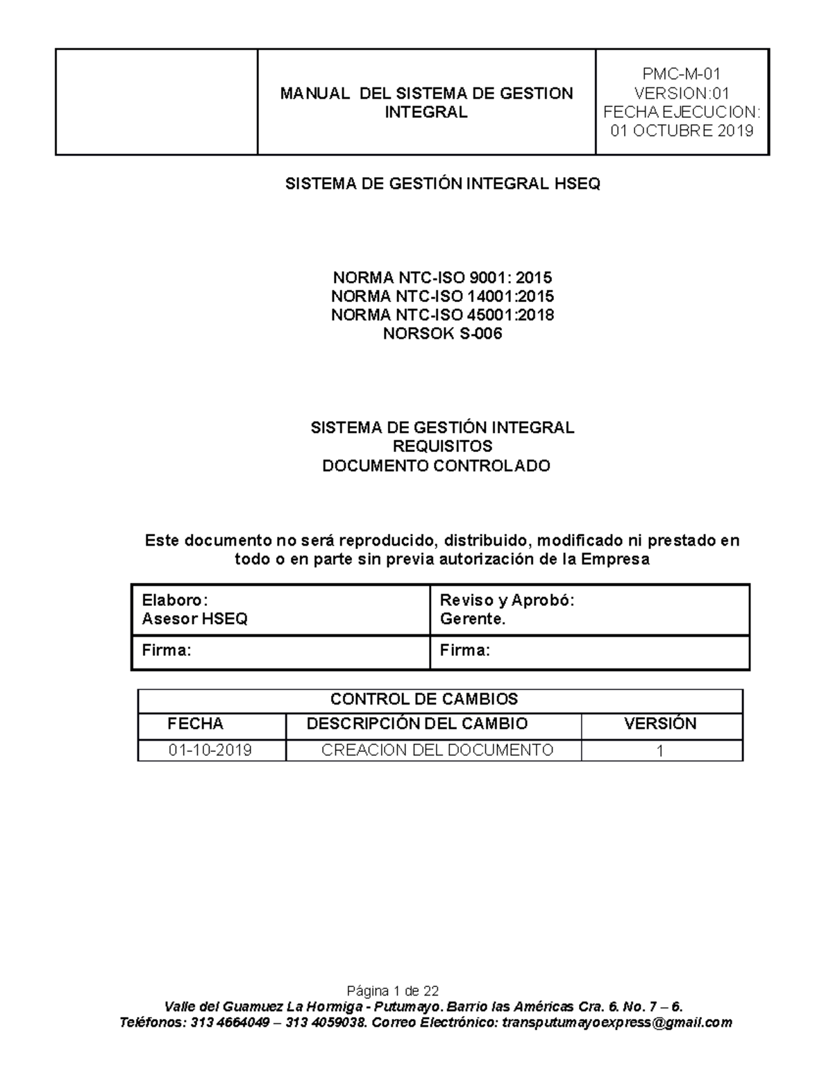 PMC-M-01 Manual DEL SGI HSEQ - MANUAL DEL SISTEMA DE GESTION INTEGRAL ...
