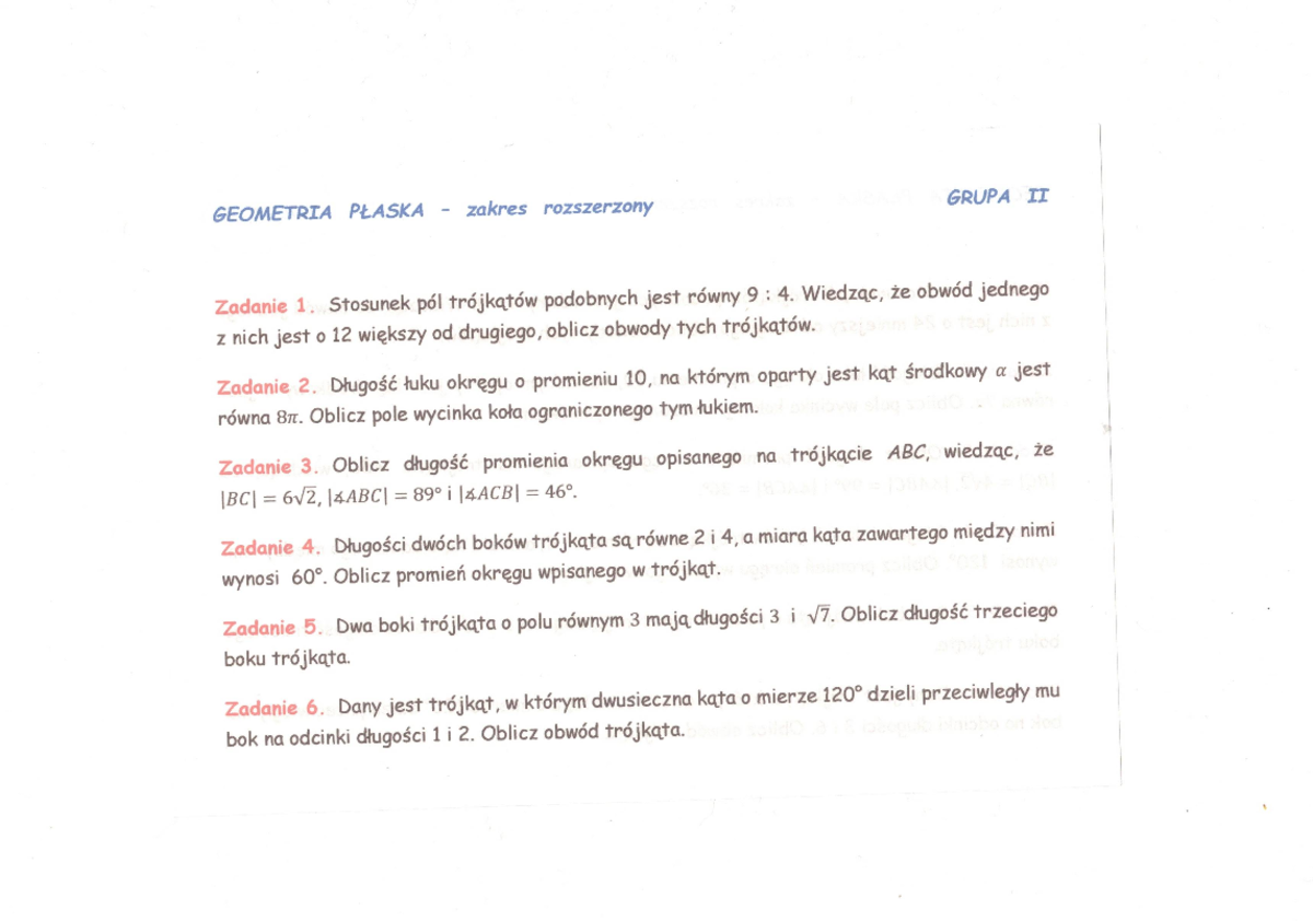 Matematyka 2 Zakres Rozszerzony Sprawdzian - Geometria płaska Sprawdzian II - Matematyka - Zakres rozszerzony - Studocu