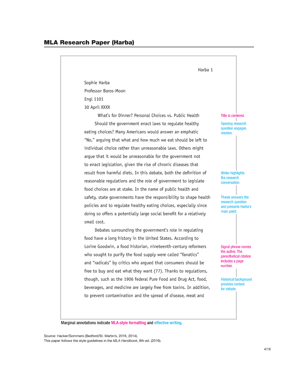 Sample MLA Formatted Research Paper - Source: Hacker/Sommers (Bedford ...