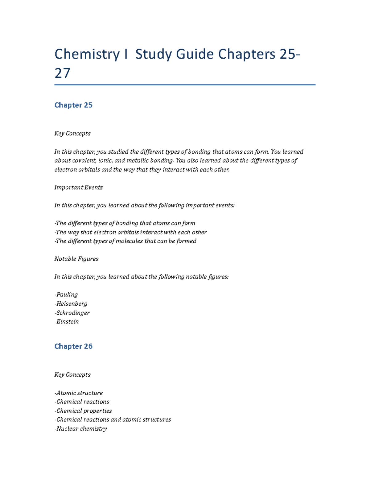 Chemistry I Study Guide Chapters 25-27 - Chemistry I Study Guide ...