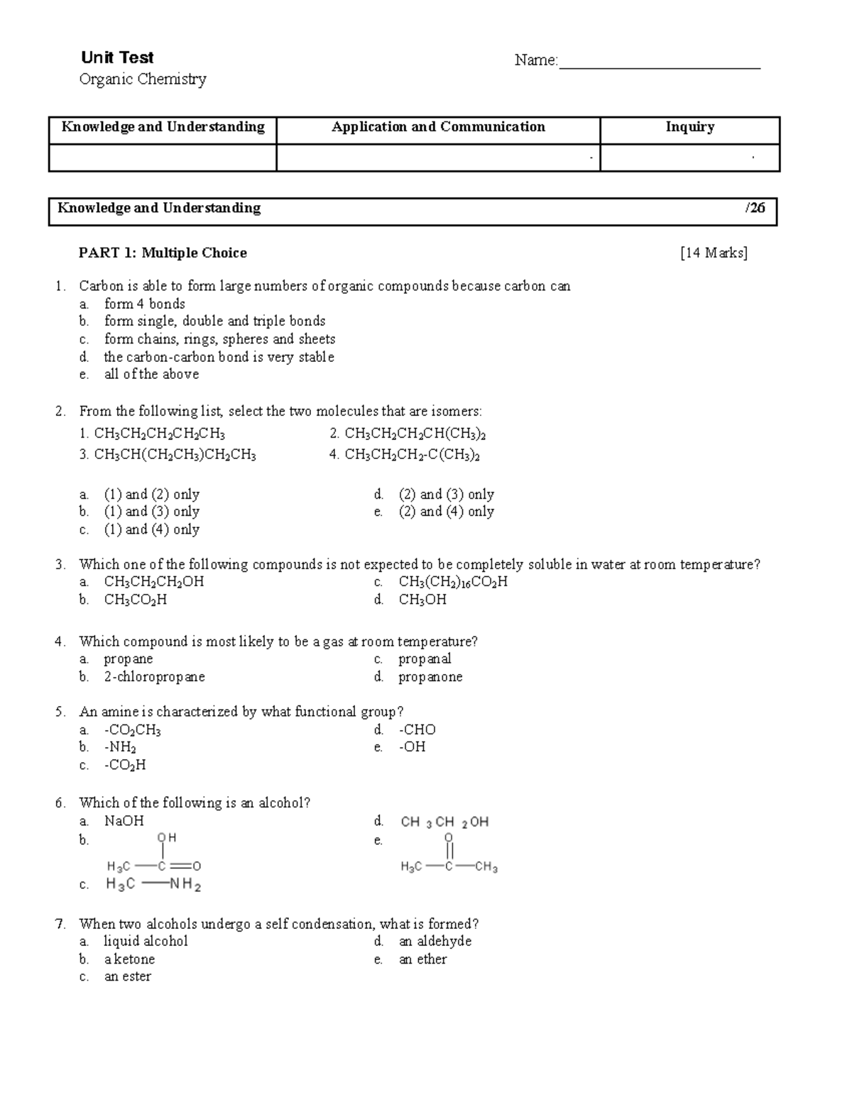 Test Final April, Questions And Answers - Unit 4U0 Test SCH Organic ...