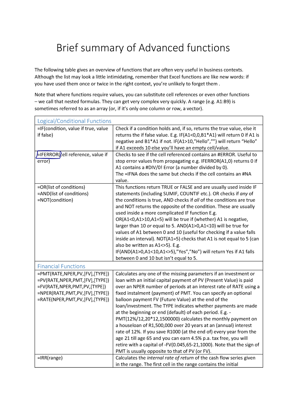 excel-advanced-functions-brief-summary-of-advanced-functions-the