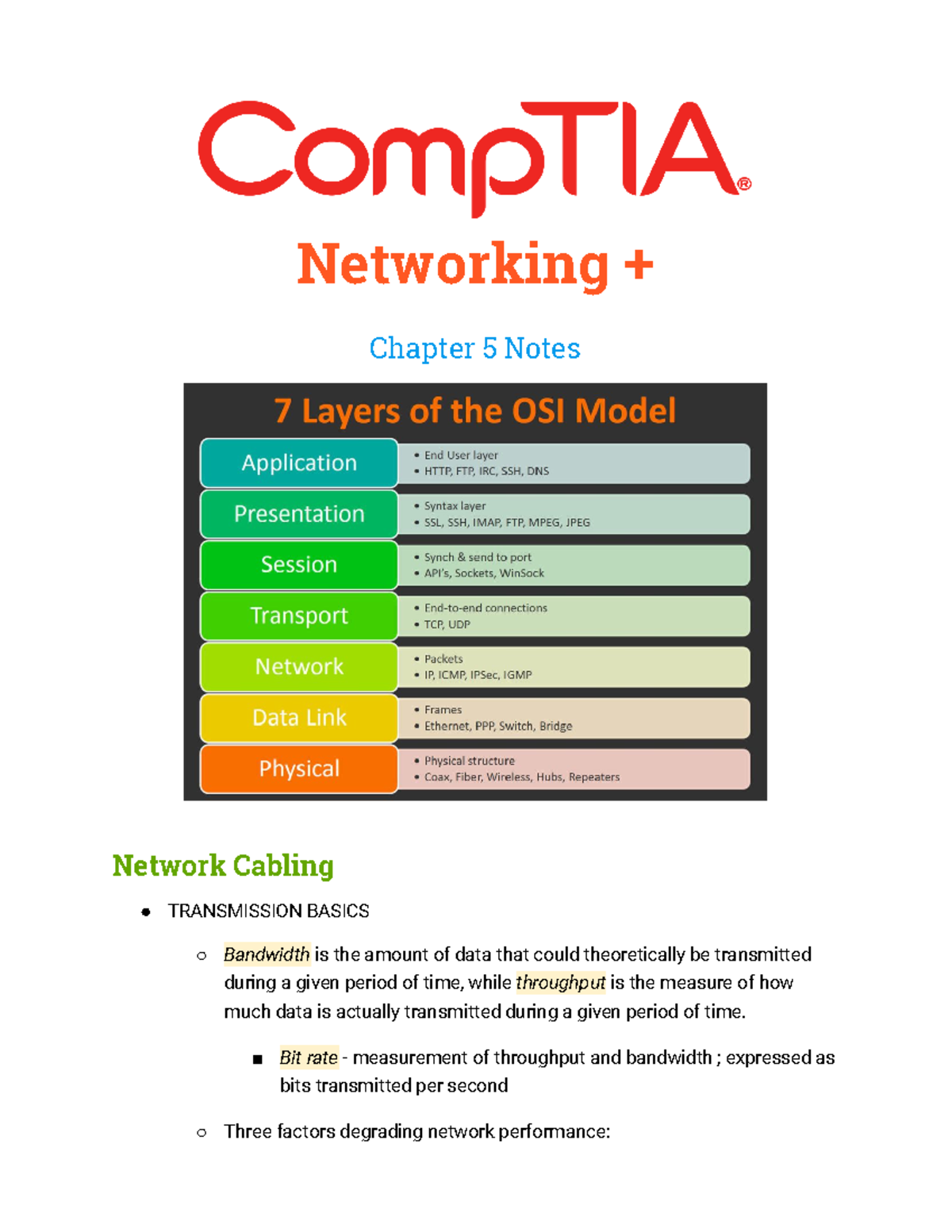 Networking+ Ch 5 Notes - Networking + Chapter 5 Notes Network Cabling ...